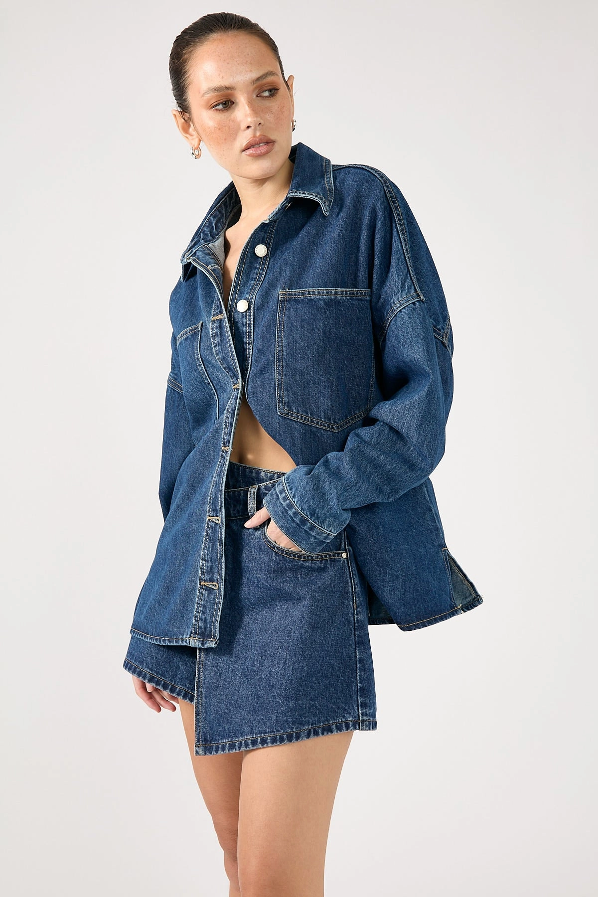 Perfect Stranger Sonya Wrap Denim Mini Skirt Mid Blue Denim A Line Cut