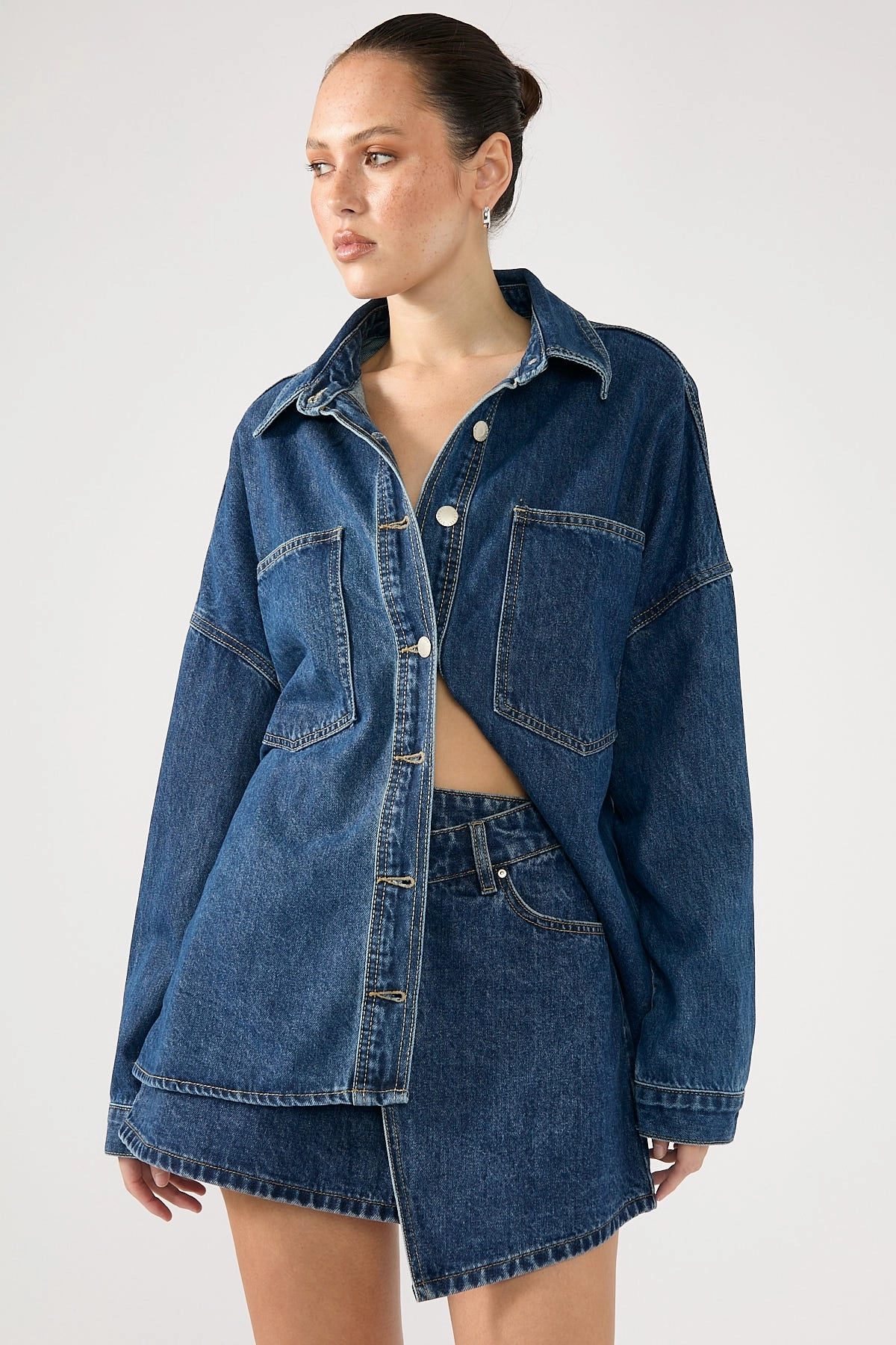 Perfect Stranger Sonya Wrap Denim Mini Skirt Mid Blue Denim Polished Cut