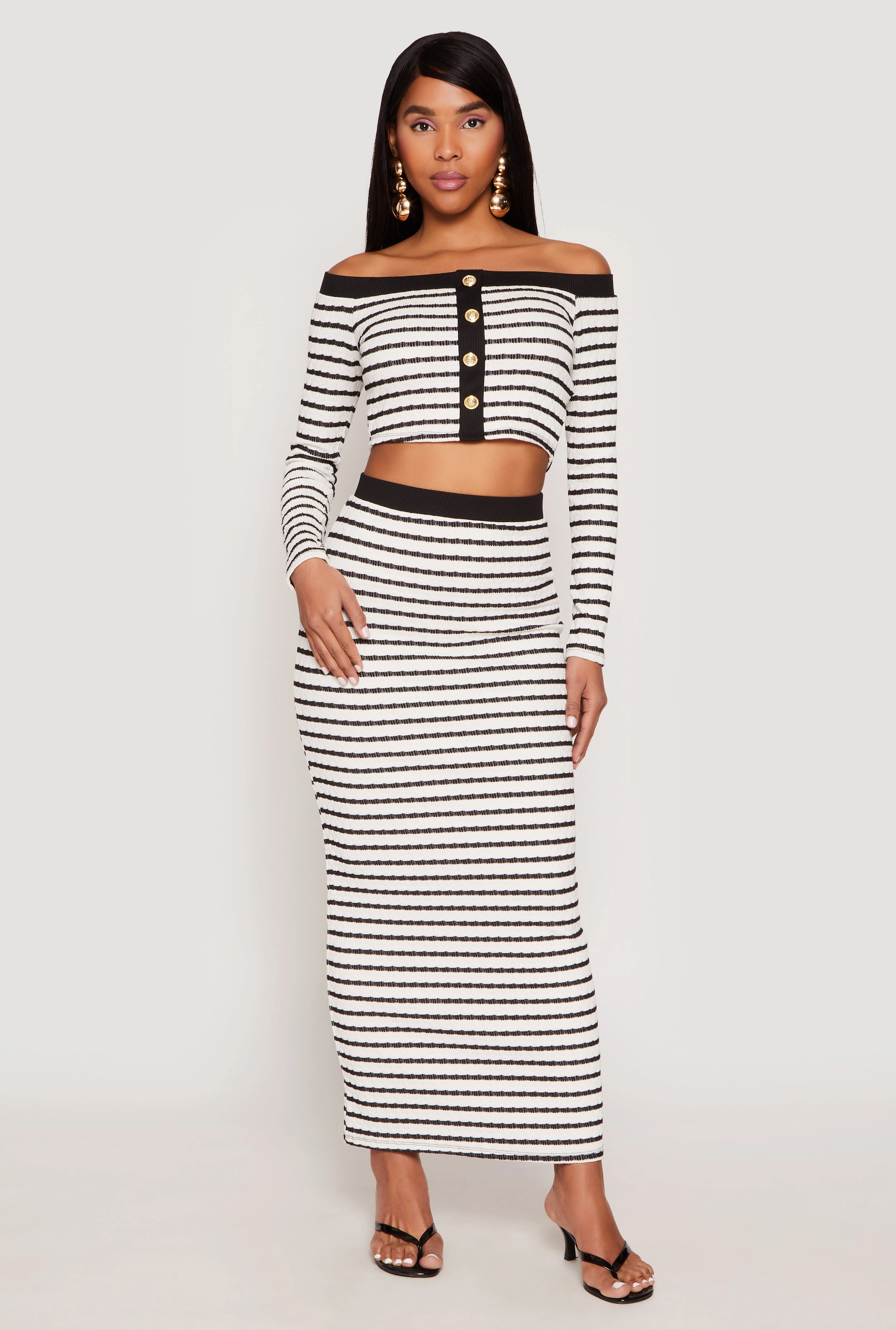 Textured Knit Striped Off the Shoulder Top Reinforced Buttonholes Dull