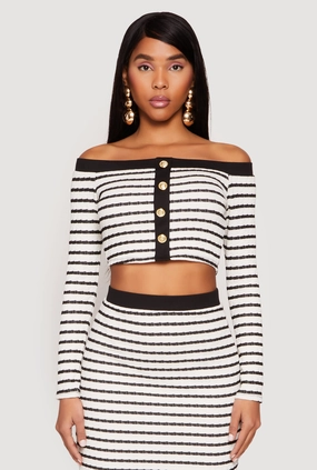 Collared neck Textured Knit Striped Off the Shoulder Top