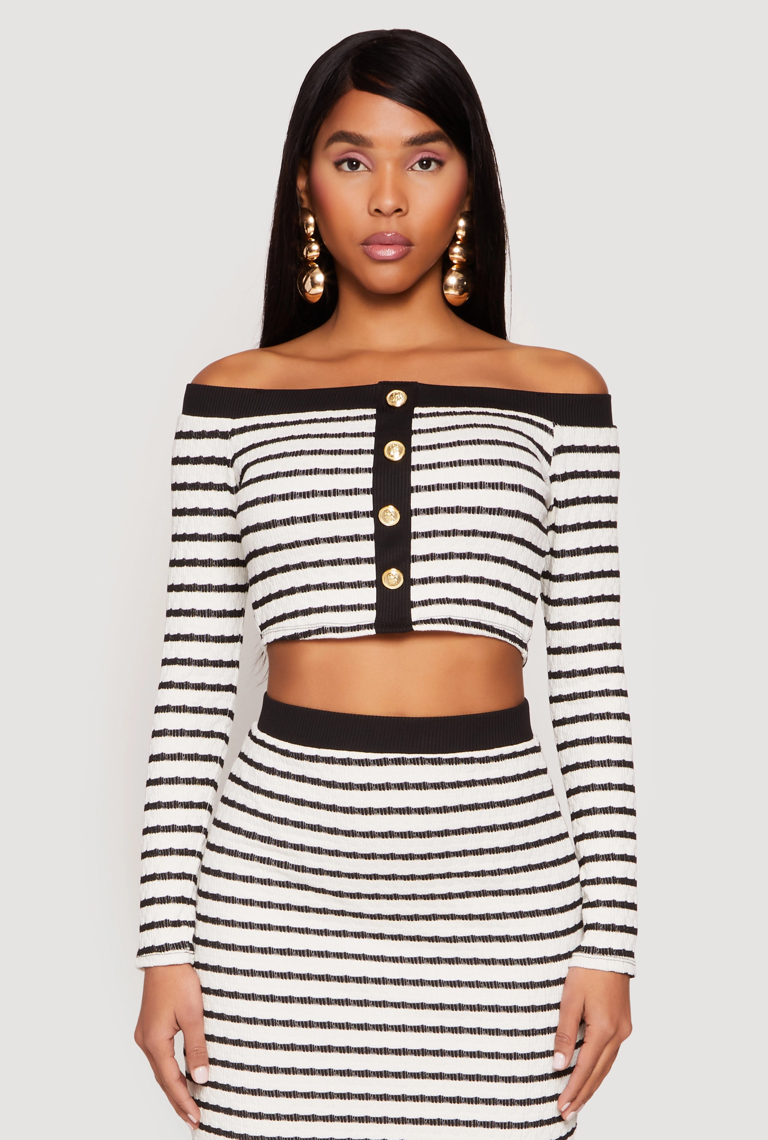 Collared neck Textured Knit Striped Off the Shoulder Top