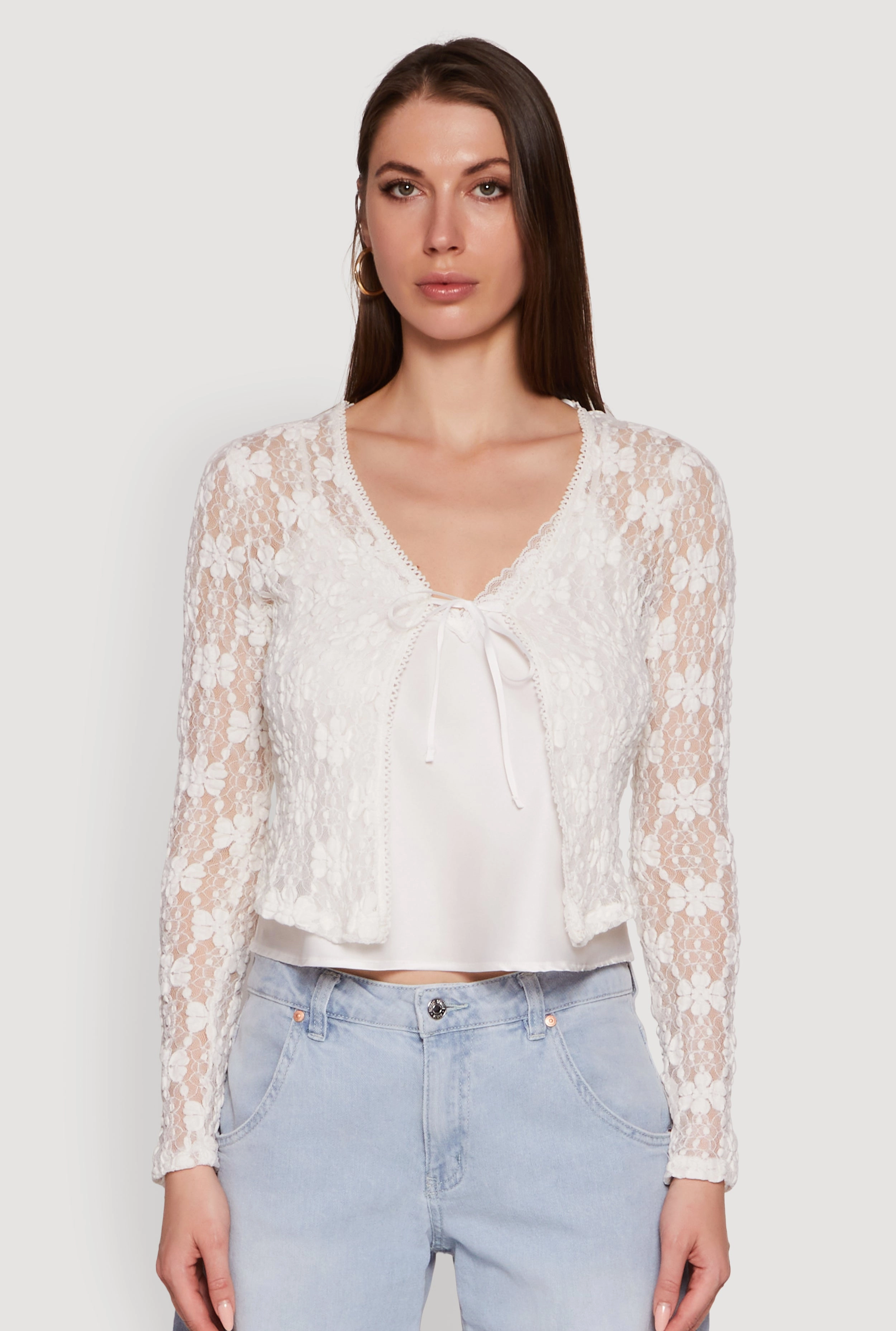 Haute Monde Floral Lace Tie Front Cardigan Breathable Knitwear Fast Drying