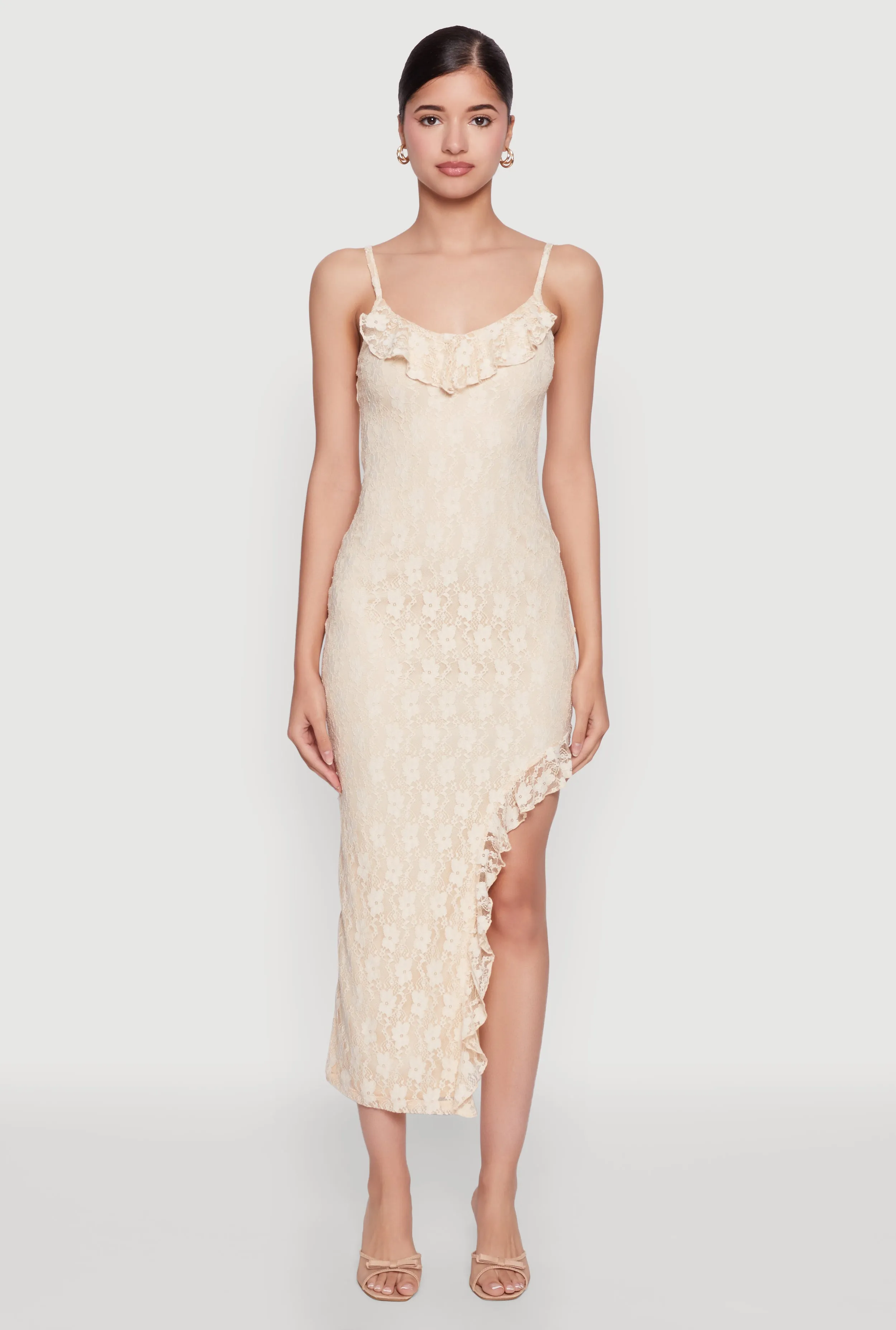 Chilly Weather Comfort Bloom Soft Madden Girl Lace Asymmetrical Dress with Ruffles