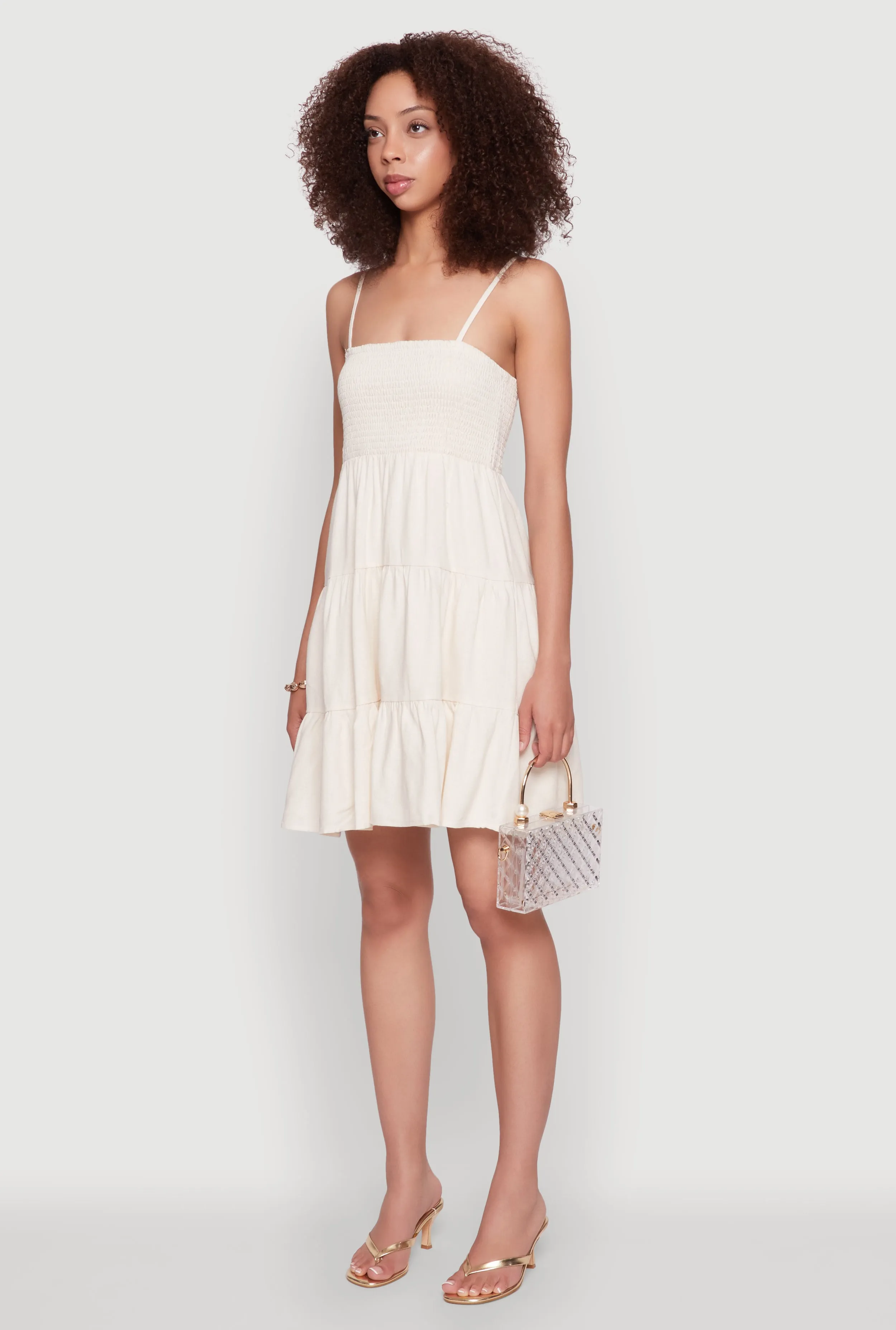 Madden Girl Linen Tiered Sundress with Smocked Square Neck FlexibleClosure