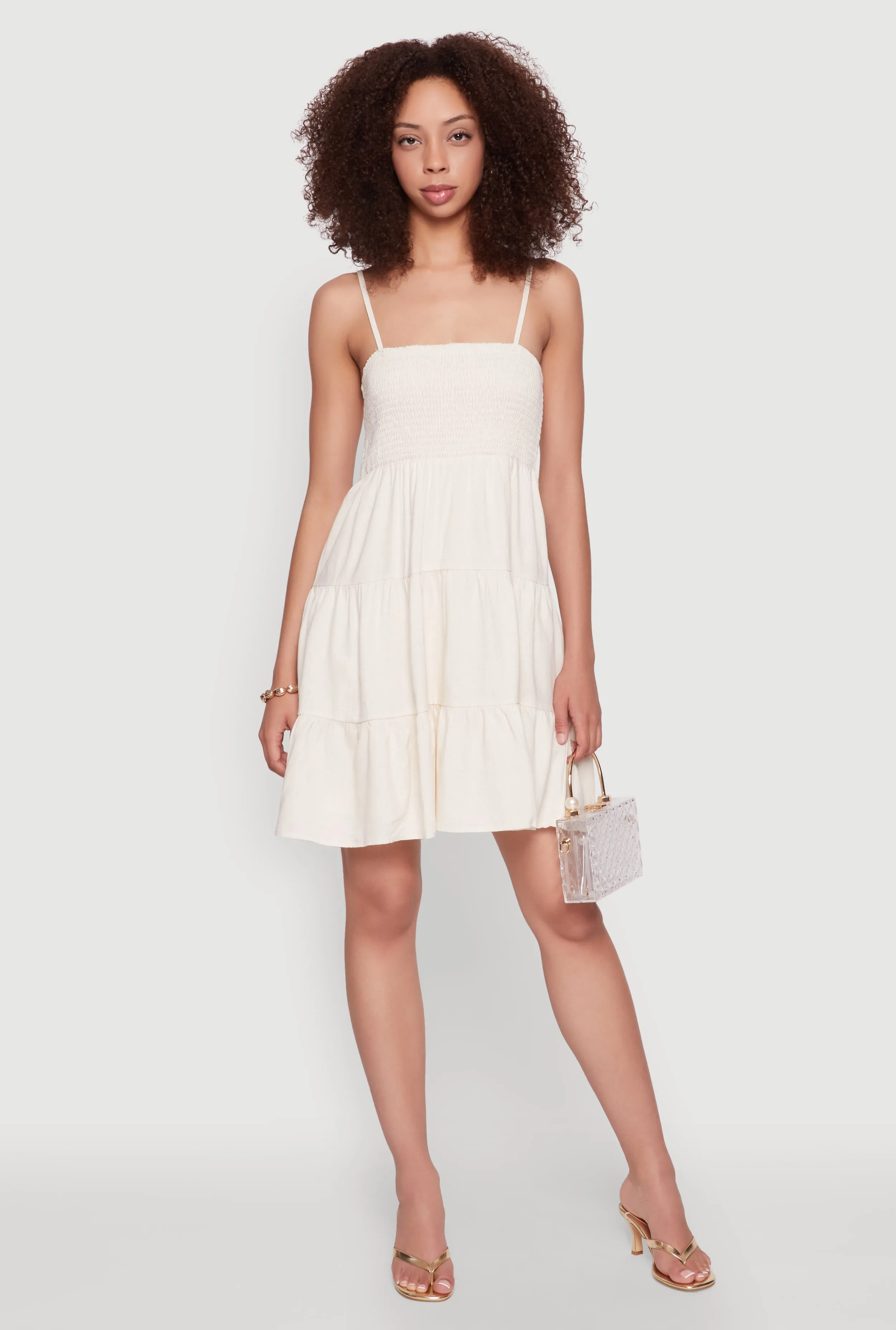 light layering Winter Wrap Madden Girl Linen Tiered Sundress with Smocked Square Neck