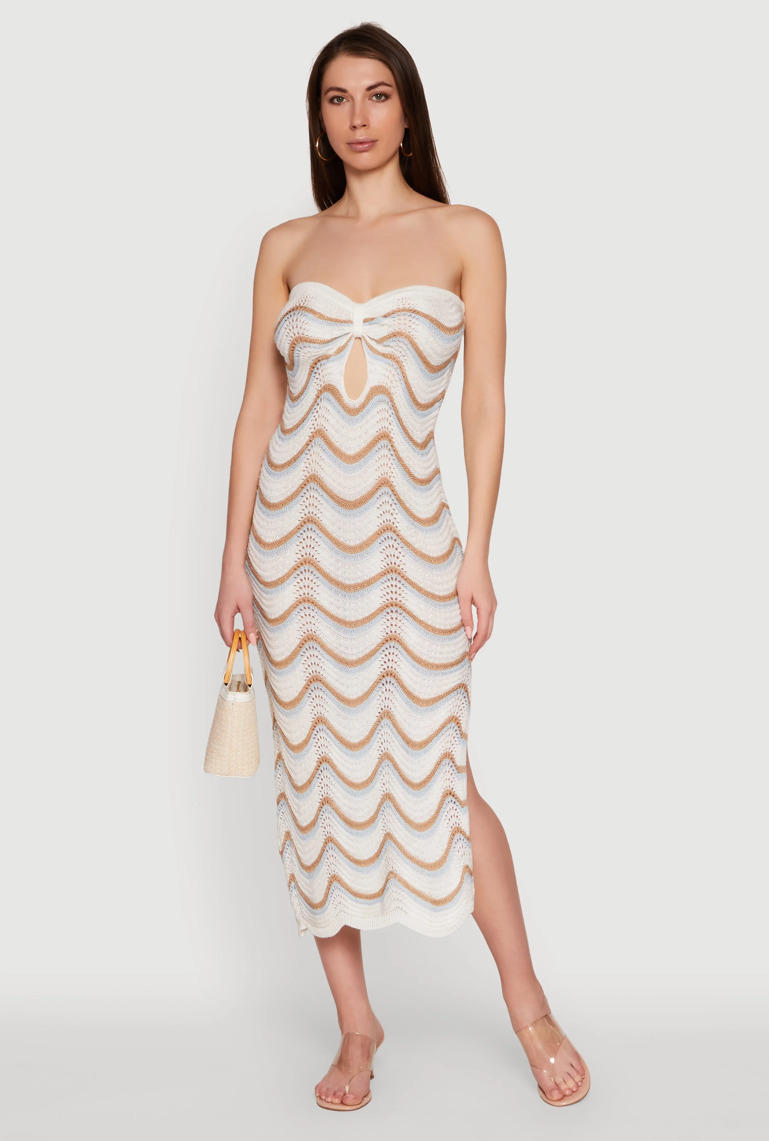 Madden Girl Pointelle Knit Strapless Tube Dress with Side Slit Sharp Motion Vibrant patterned dress