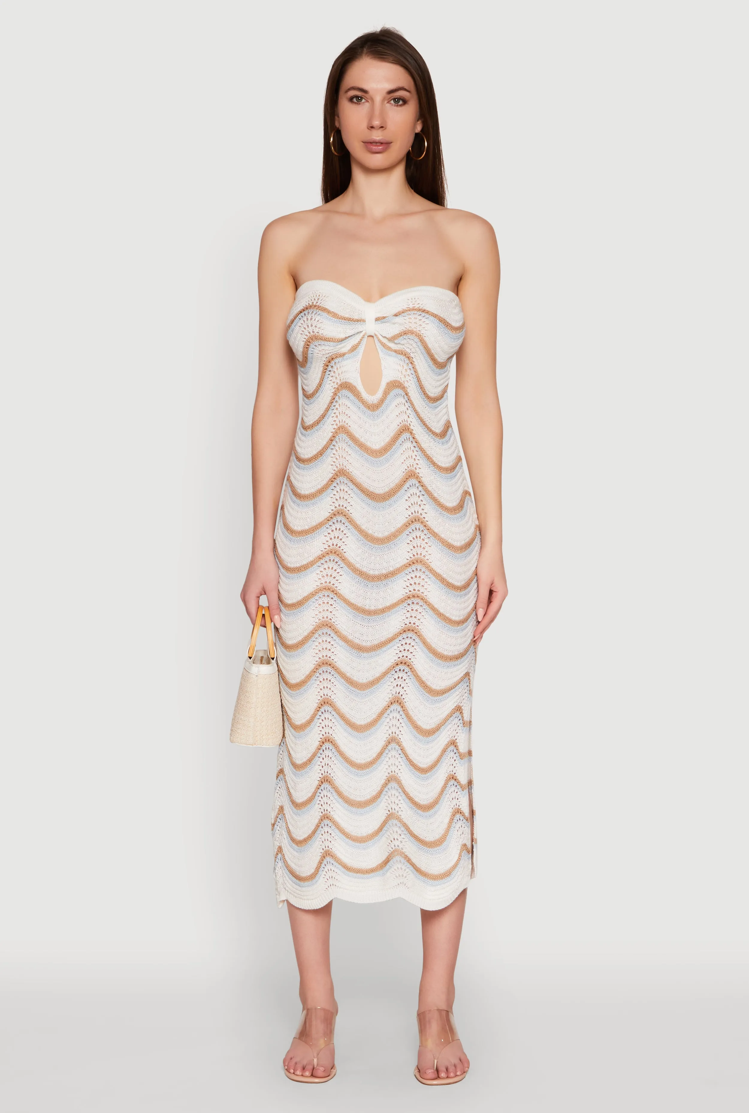 Minimal Aesthetic Madden Girl Pointelle Knit Strapless Tube Dress with Side Slit
