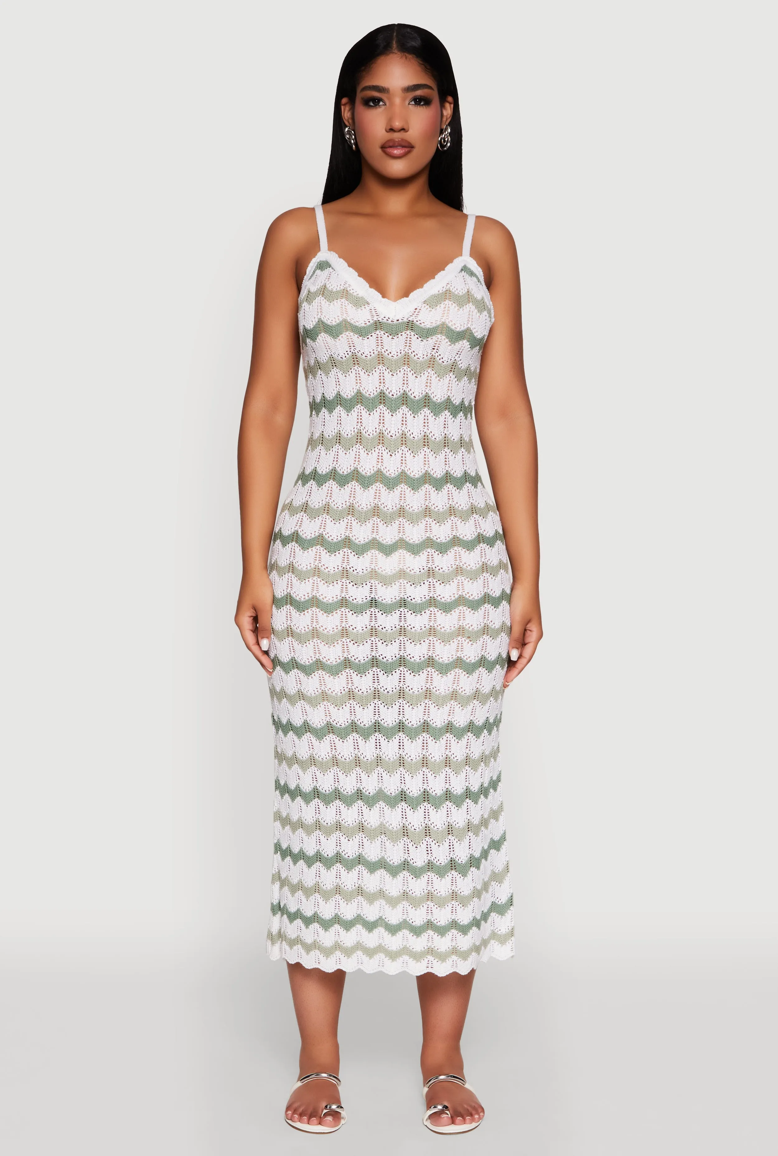 Silk Shine Madden Girl Wavy Striped V Neck Sleeveless Crochet Cami Dress