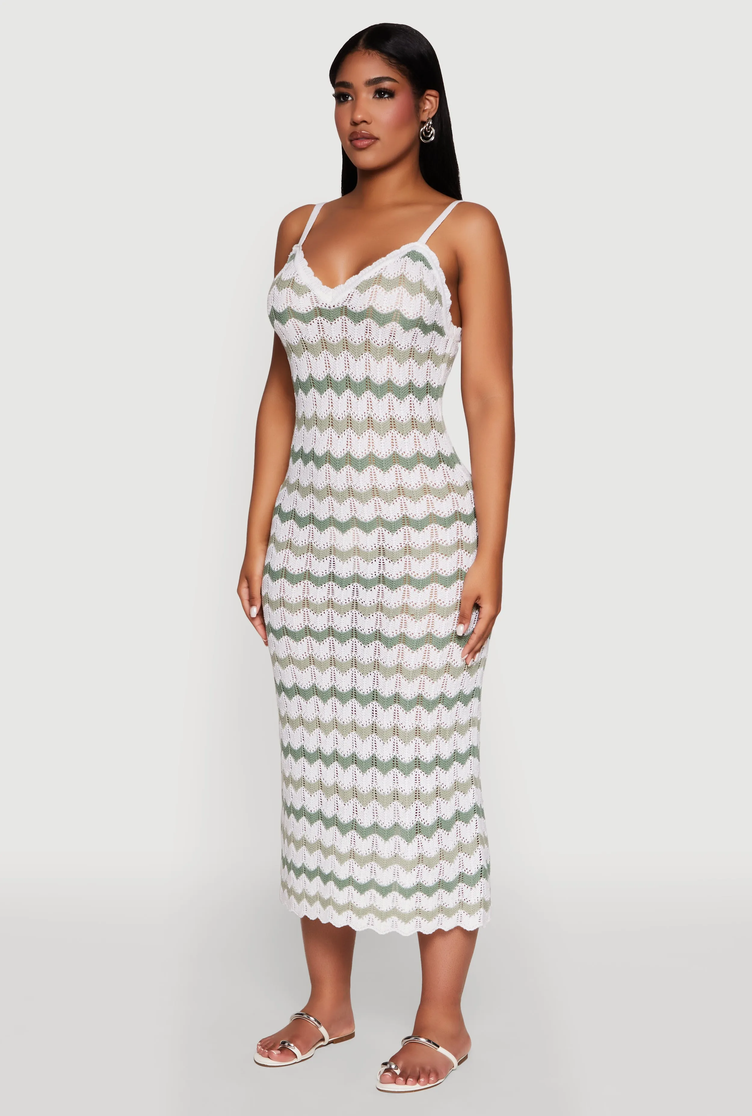 Madden Girl Wavy Striped V Neck Sleeveless Crochet Cami Dress Tie-dye Drawstring-Waist