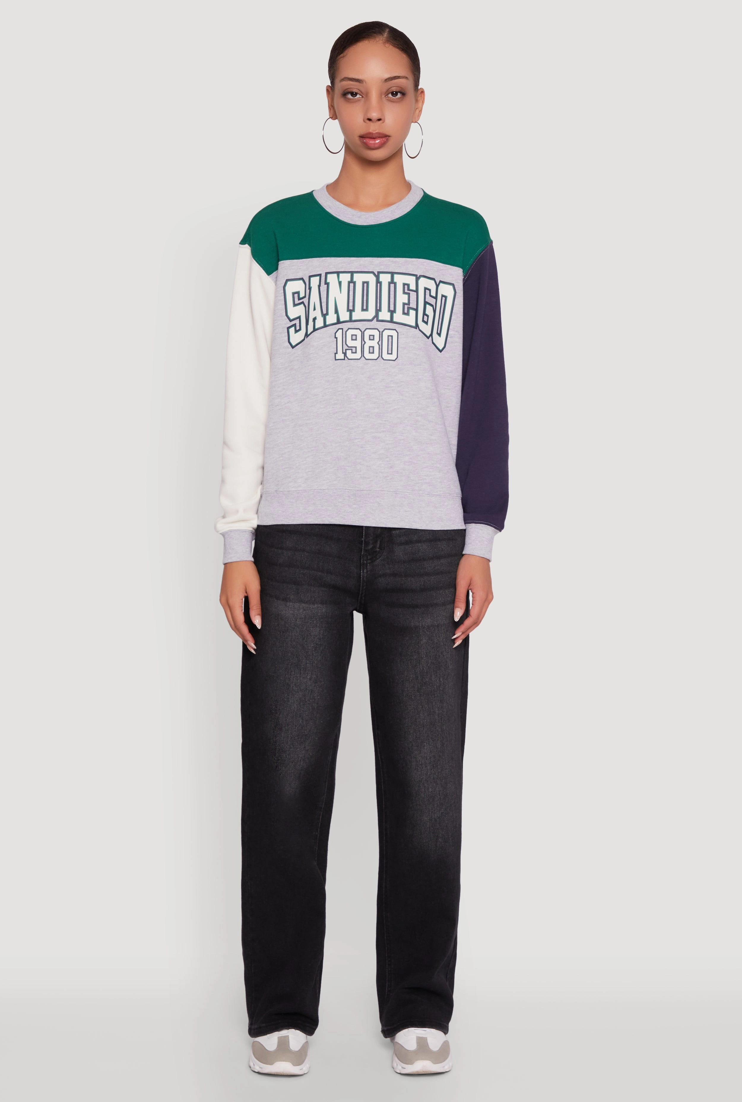 Madden Girl Color Blocked Graphic Crew Neck Sweatshirt Machine Washable Construction