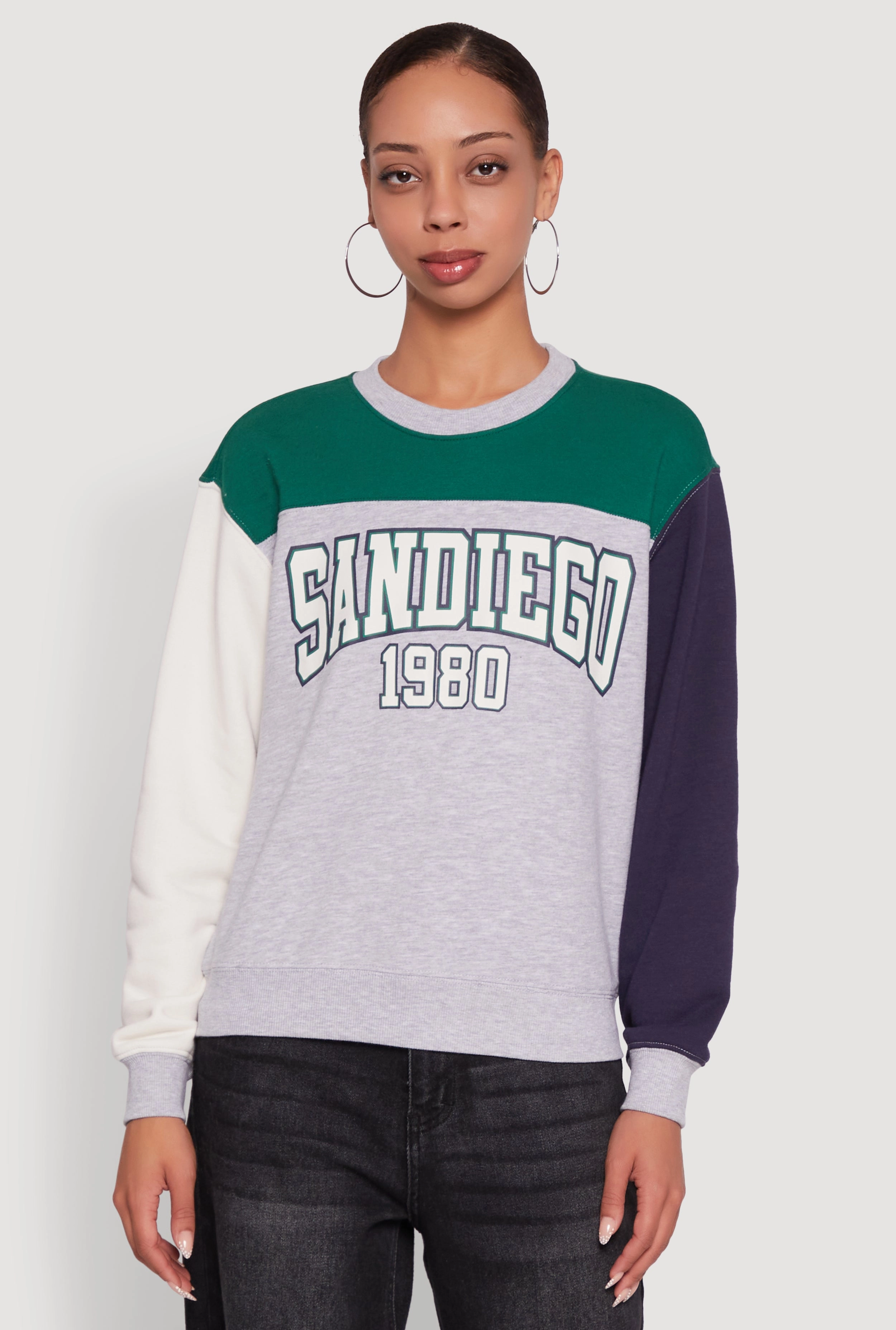 studded V neck Madden Girl Color Blocked Graphic Crew Neck Sweatshirt