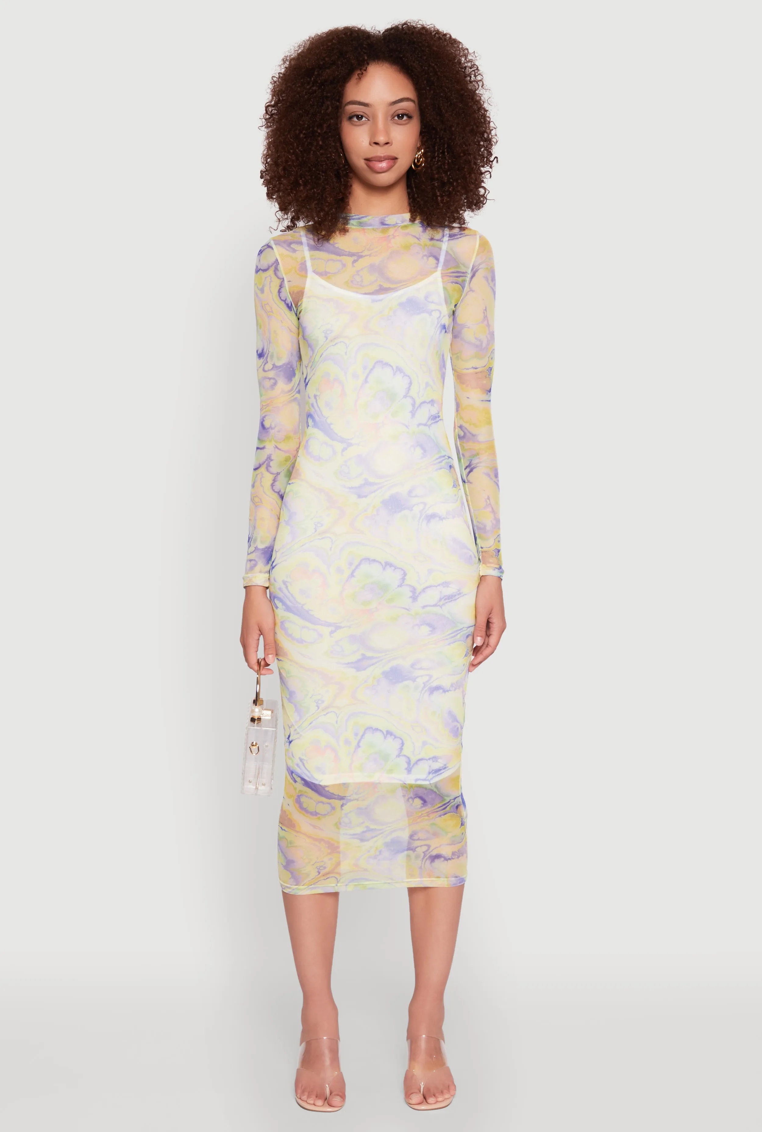 Easy Wrap Work Vibe Marble Print Mesh Long Sleeve Midi Dress