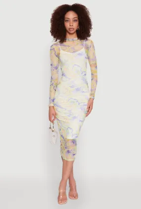 Lounge Fit Body Flow Marble Print Mesh Long Sleeve Midi Dress