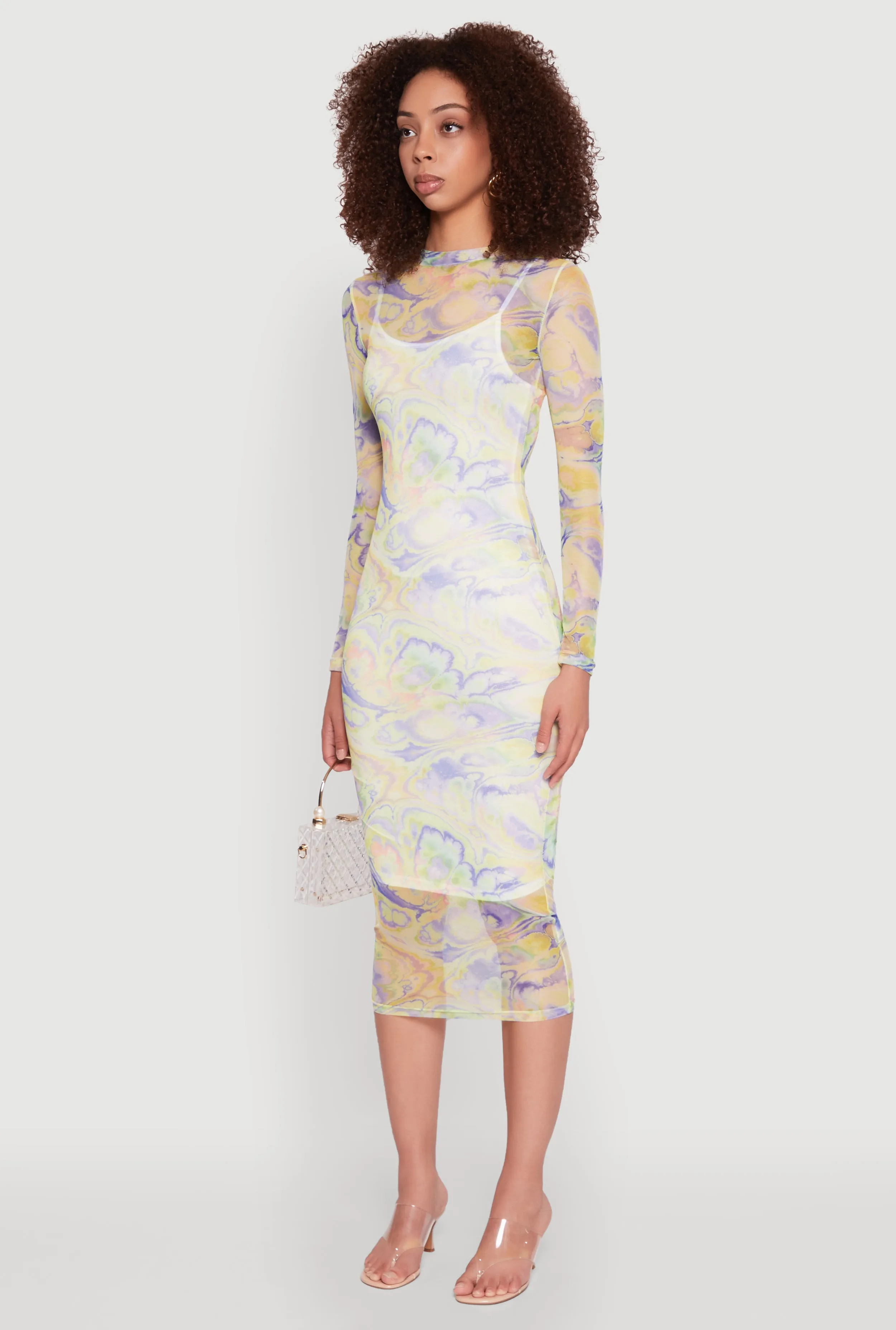 Marble Print Mesh Long Sleeve Midi Dress Flutter-Sleeve