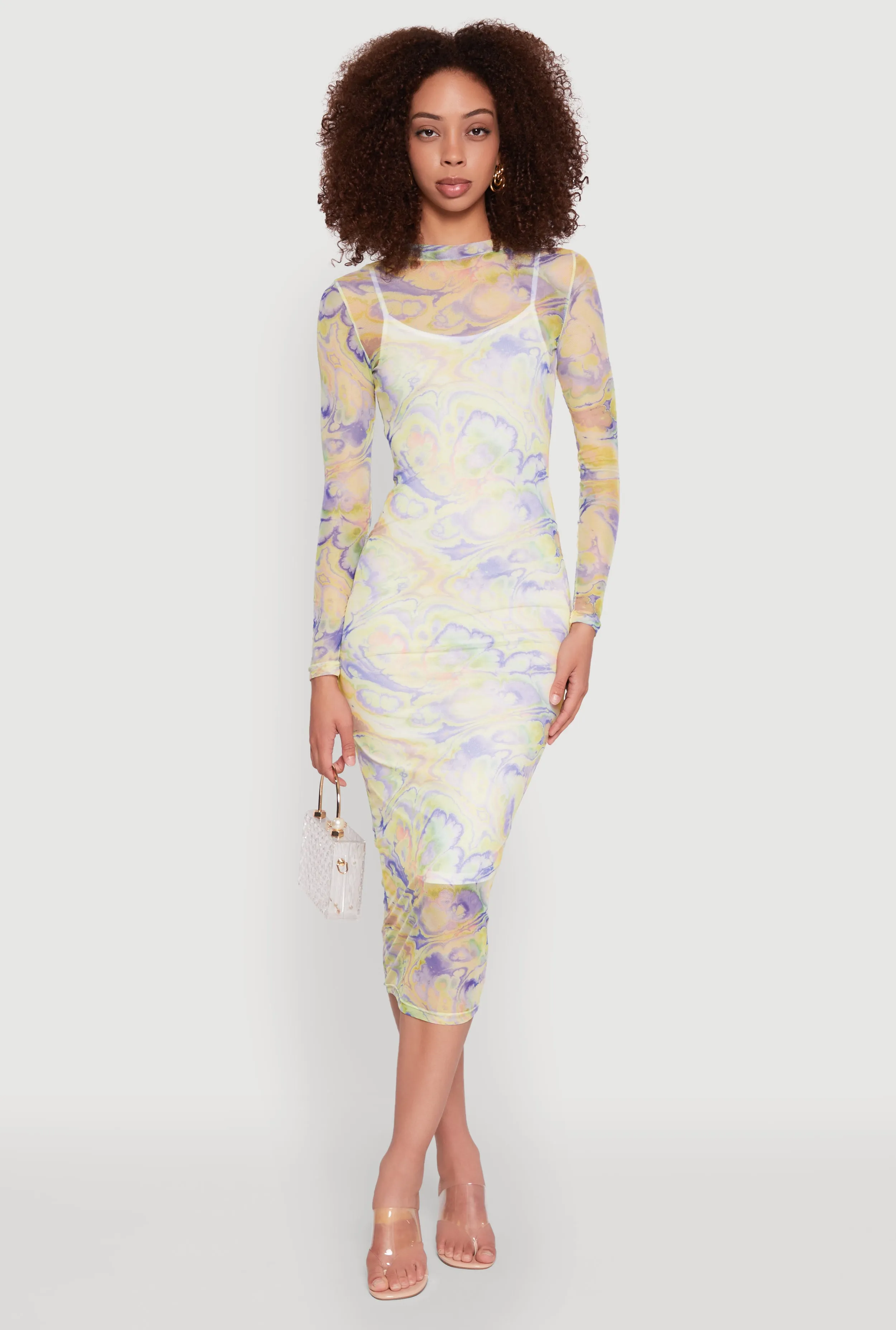 Lounge Fit Body Flow Marble Print Mesh Long Sleeve Midi Dress