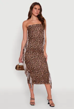 Trendy Leopard Print Fringe Side Tube Dress loose silhouette