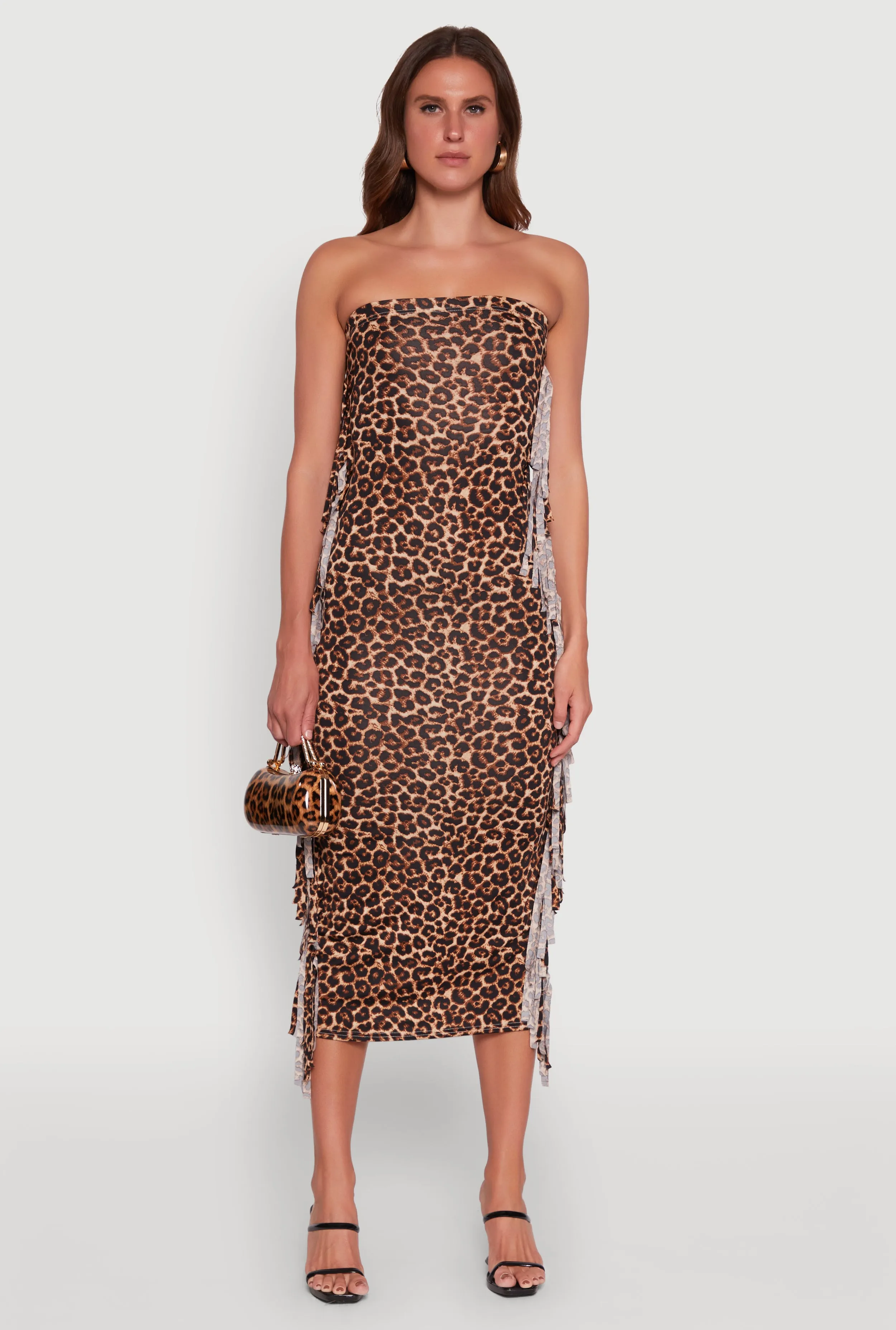 Trendy Leopard Print Fringe Side Tube Dress Layerable Piece Flowy-Shape