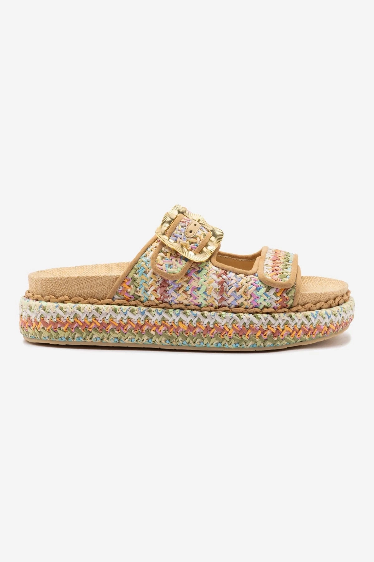 Trend Comfort Design Maui Slide In Tapestry Rainbow Raffia and Beige Trimming
