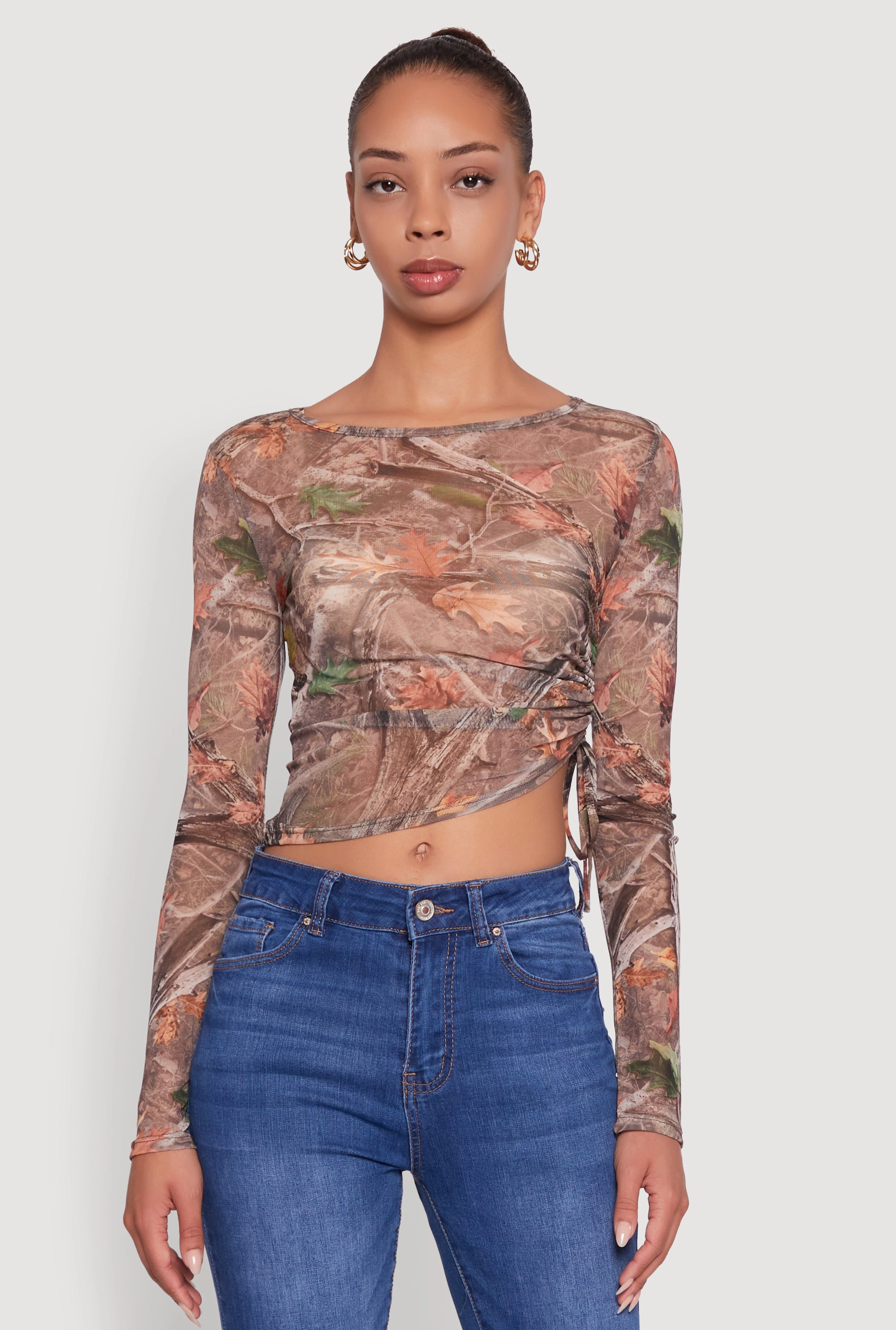 Mesh Forest Camo Ruched Side Long Sleeve Crop Top Fashionable Trend Pullover