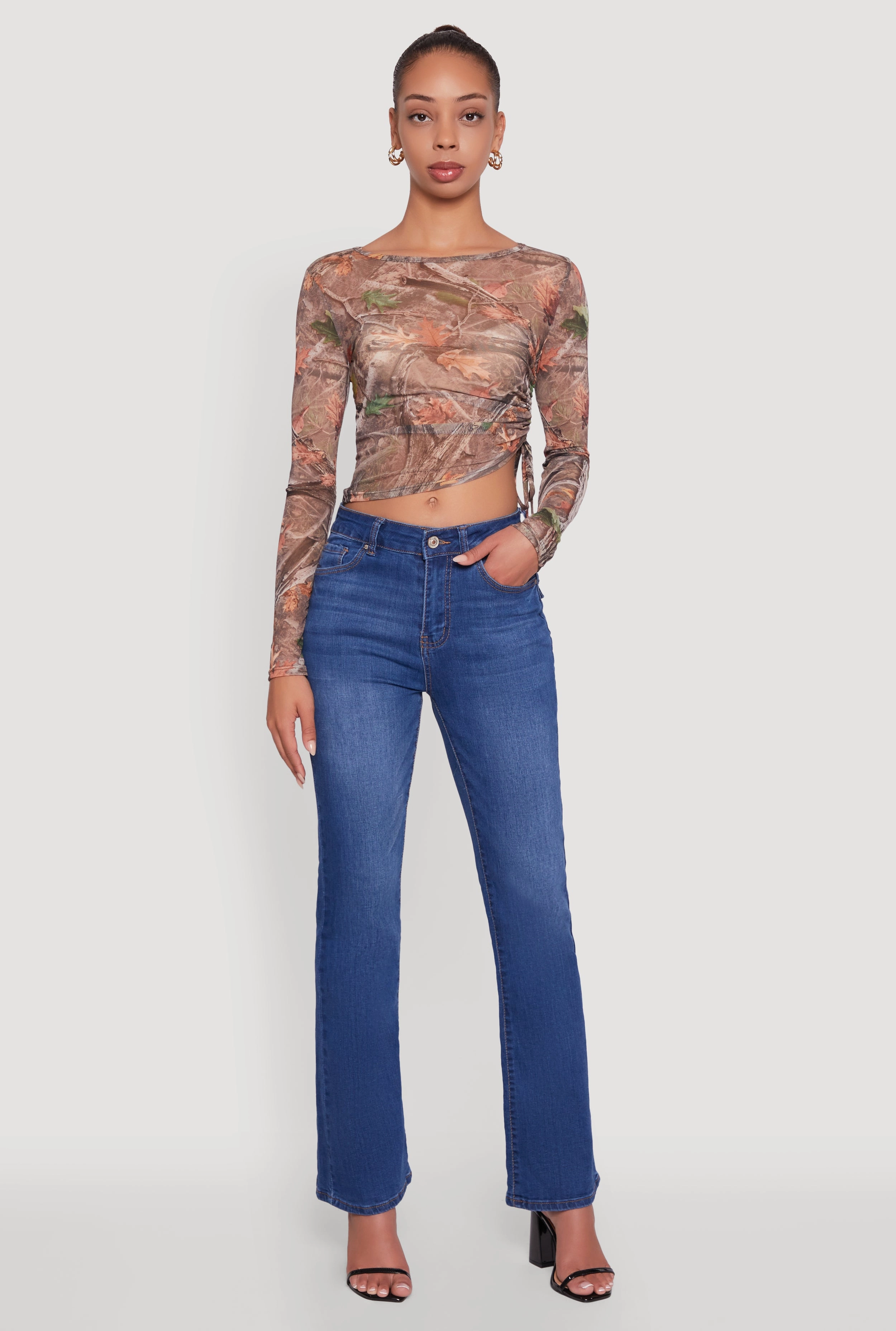 Music related Mesh Forest Camo Ruched Side Long Sleeve Crop Top