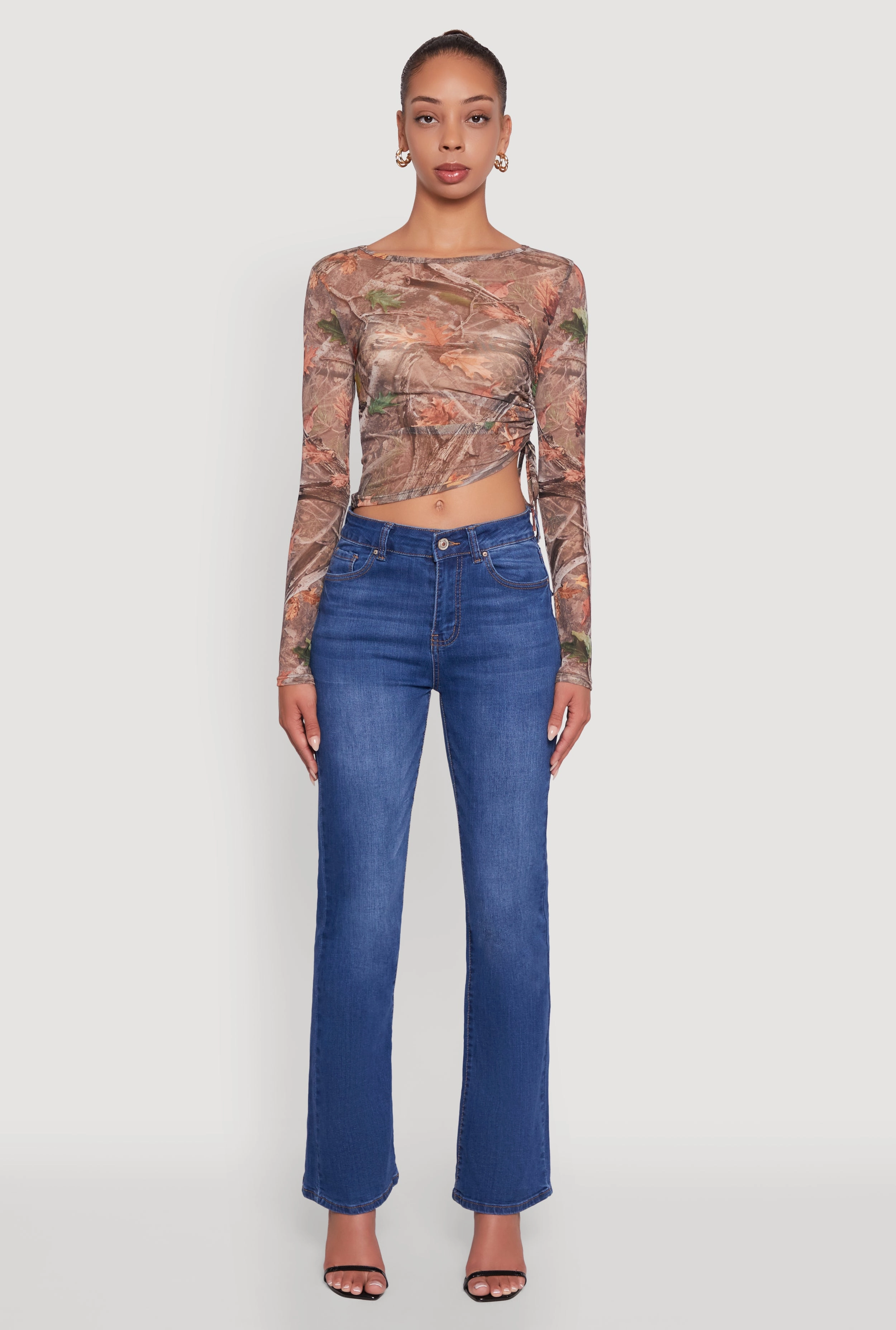 Mesh Forest Camo Ruched Side Long Sleeve Crop Top Mountain Hike Autumn - wear