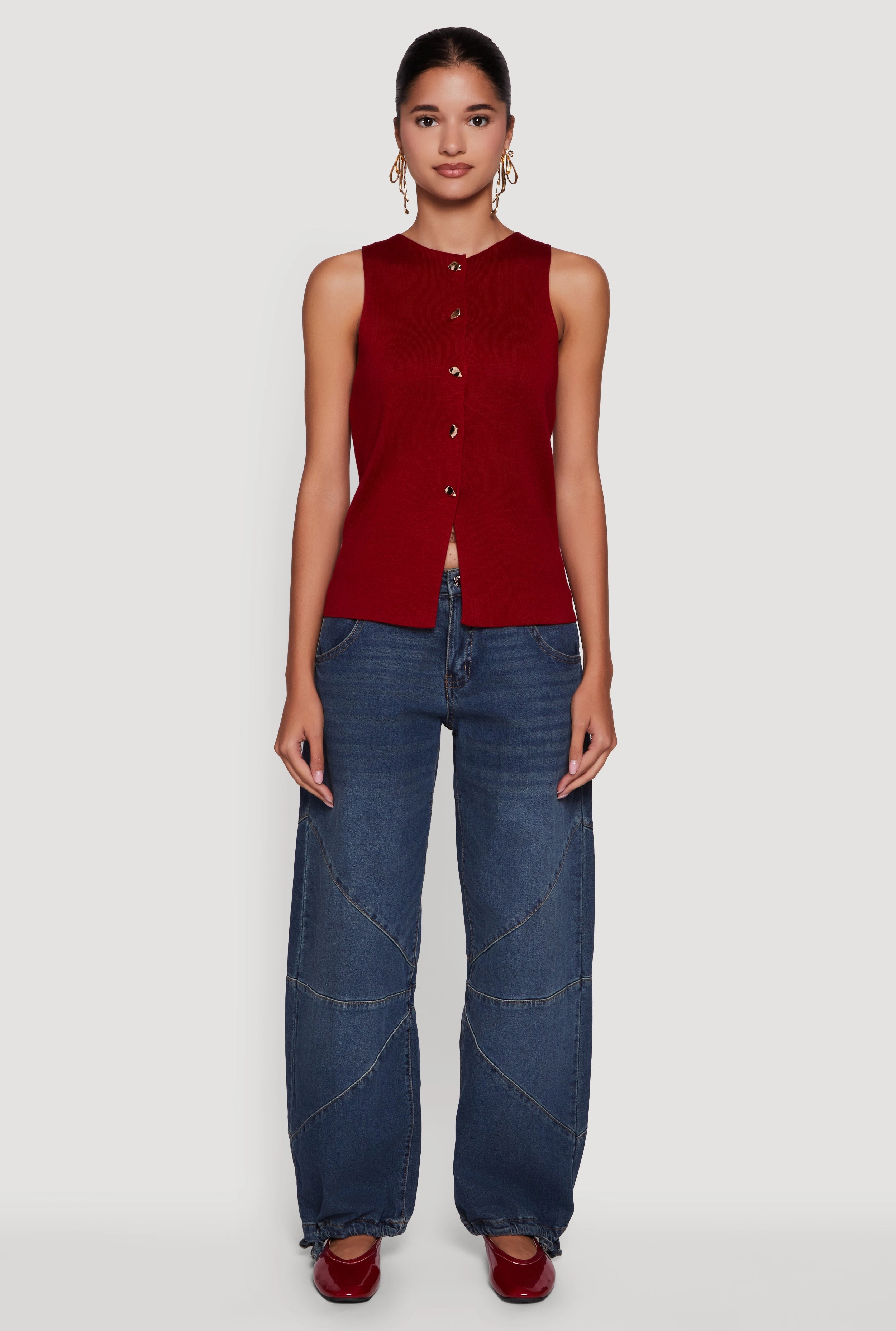 Metallic Button Front Sleeveless Sweater Comfy Essentials