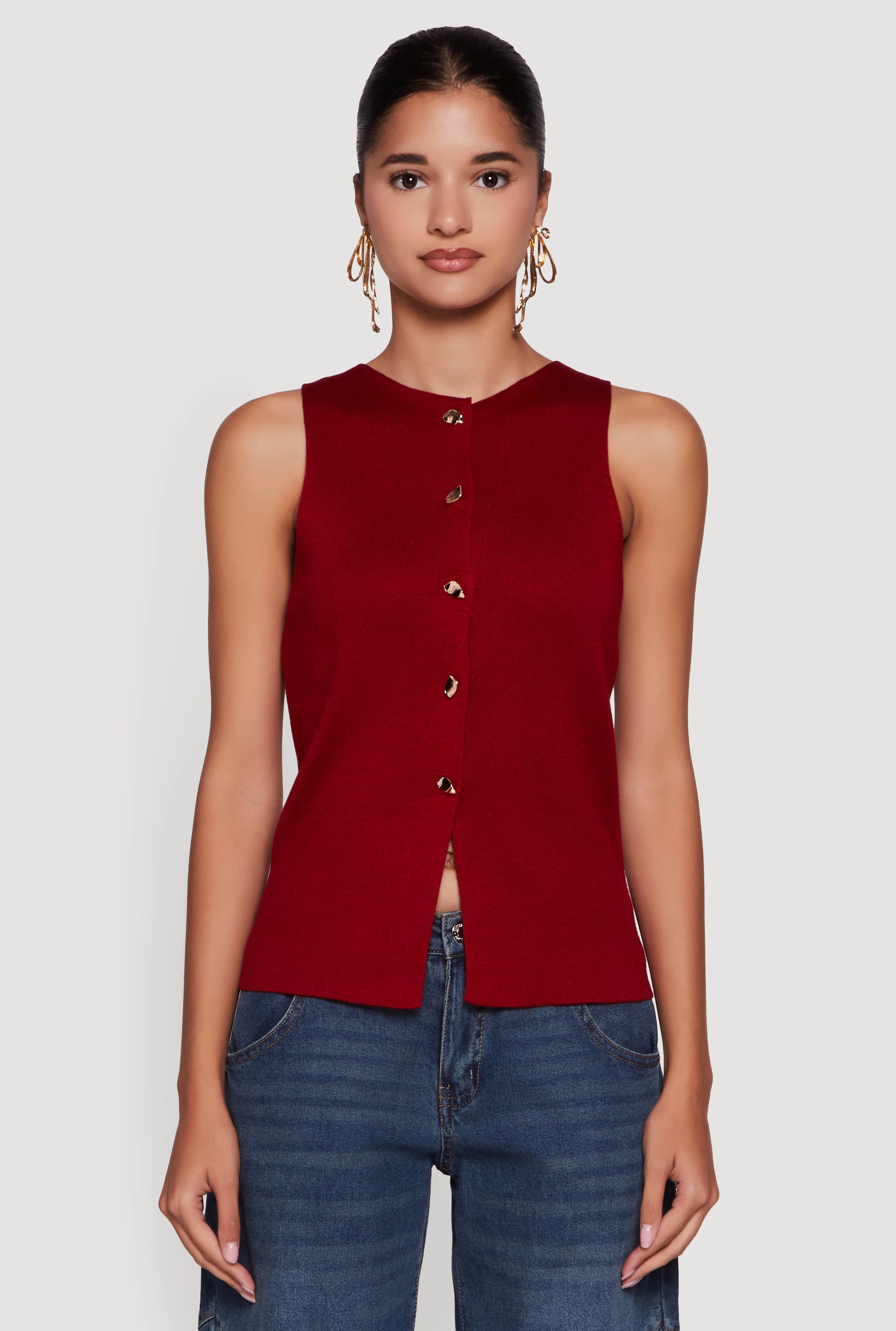 Metallic Button Front Sleeveless Sweater Elastic hem Cold Weather Comfort