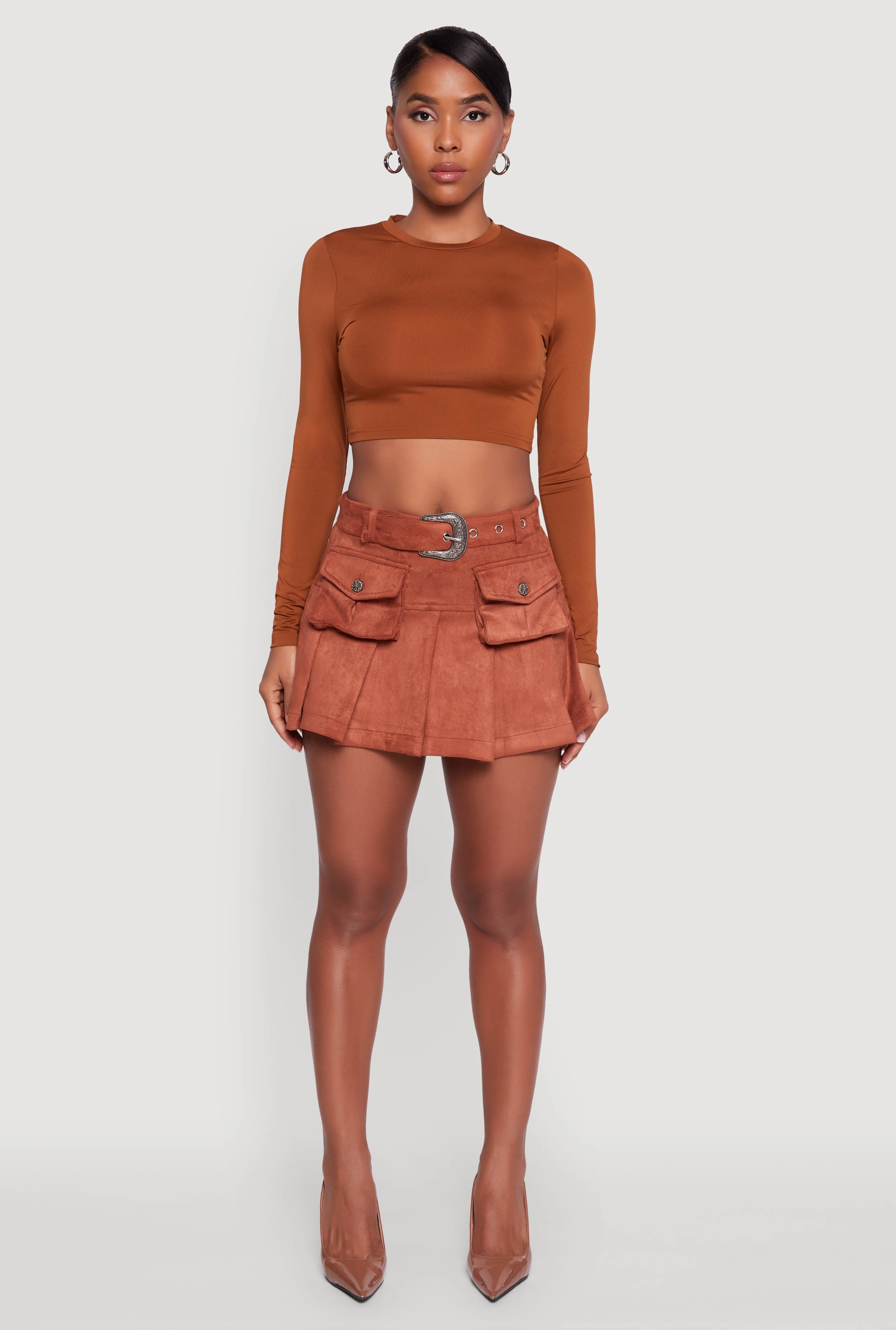Streetwear Look Smart Design Faux Suede Pleated Cargo Skirt with Western Buckle Belt