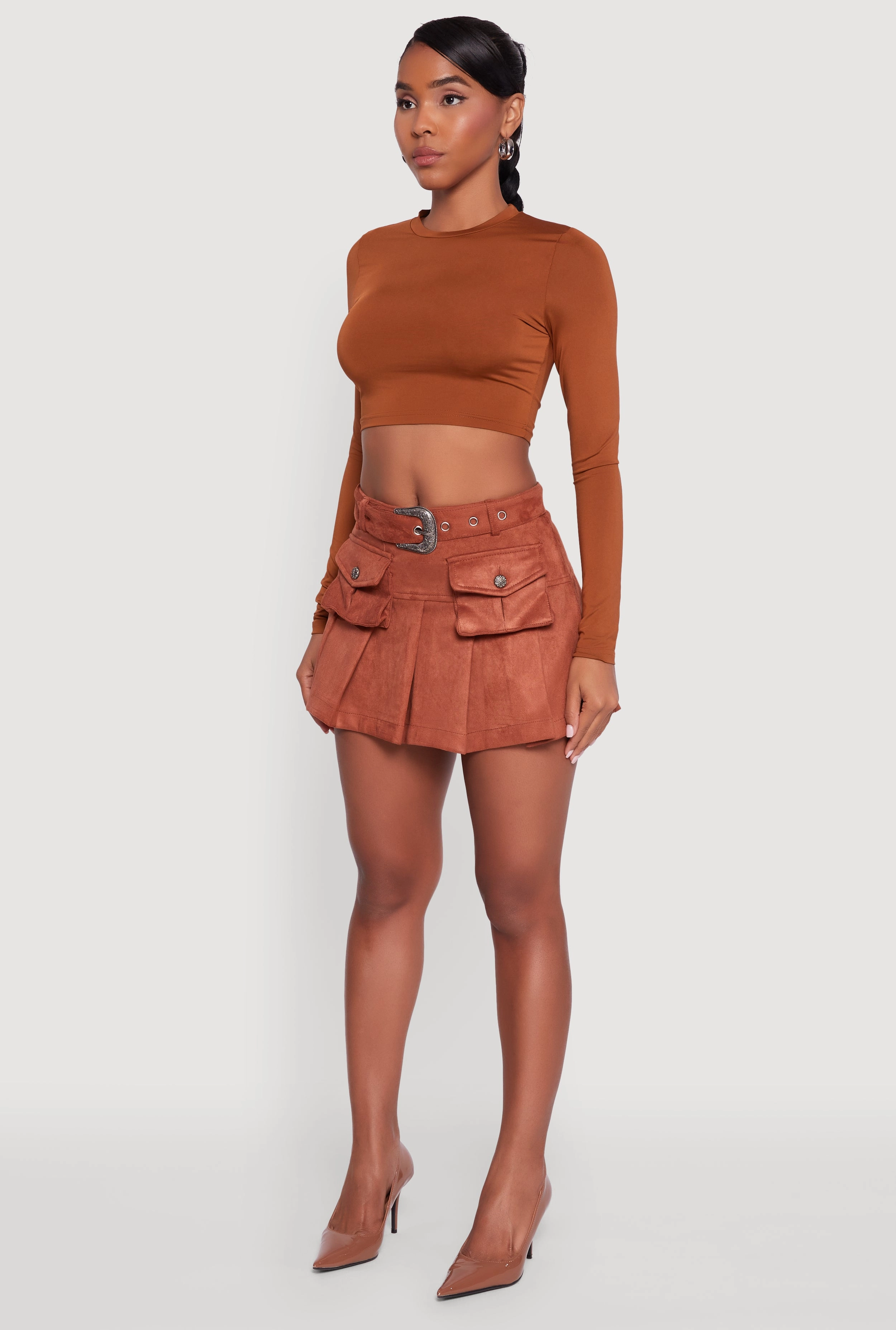 Faux Suede Pleated Cargo Skirt with Western Buckle Belt Simple Motion