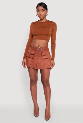 Fair trade Easy Layers Faux Suede Pleated Cargo Skirt with Western Buckle Belt