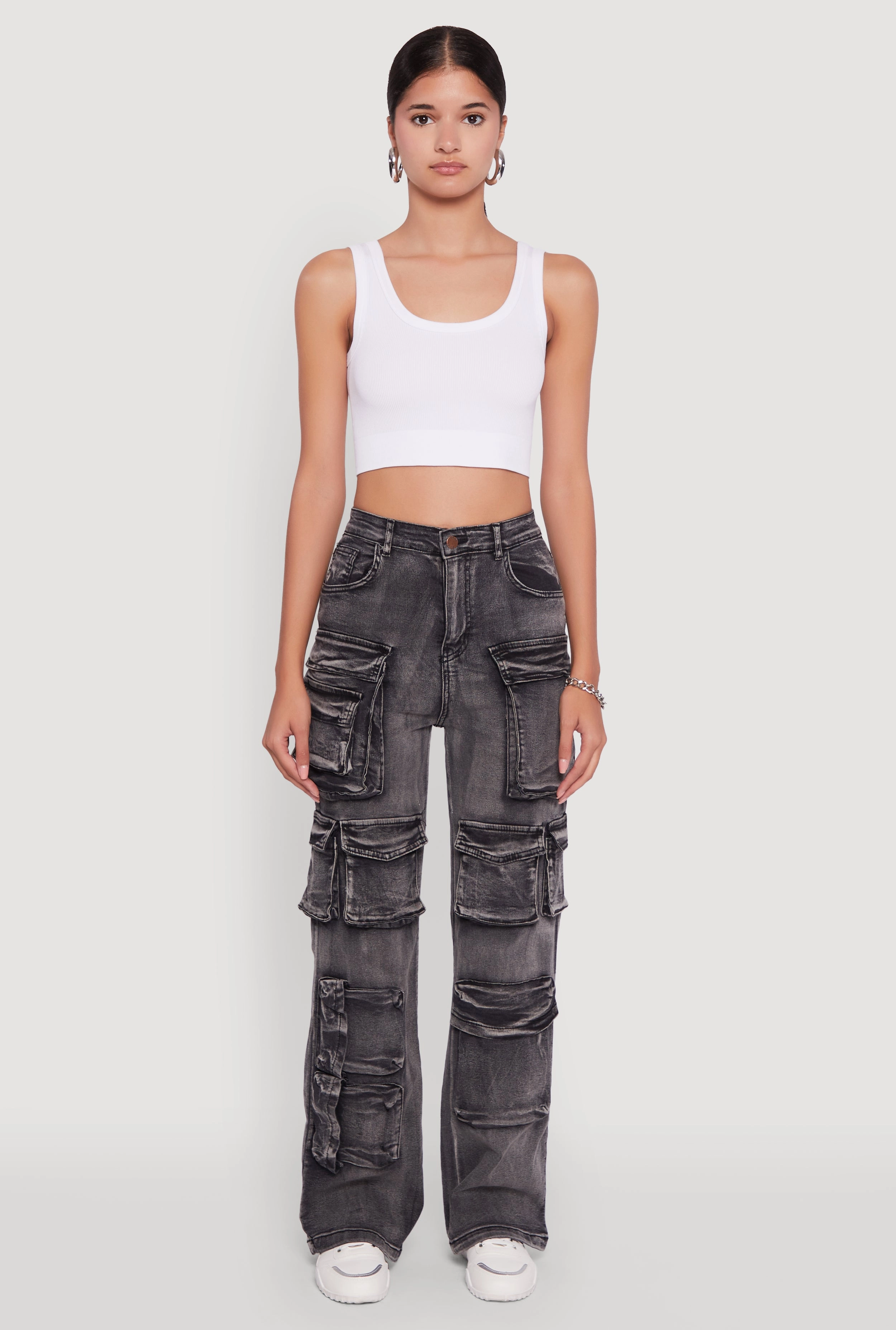 Mineral Wash High Waisted Straight Leg Utility Jeans Night Out Daily Wear