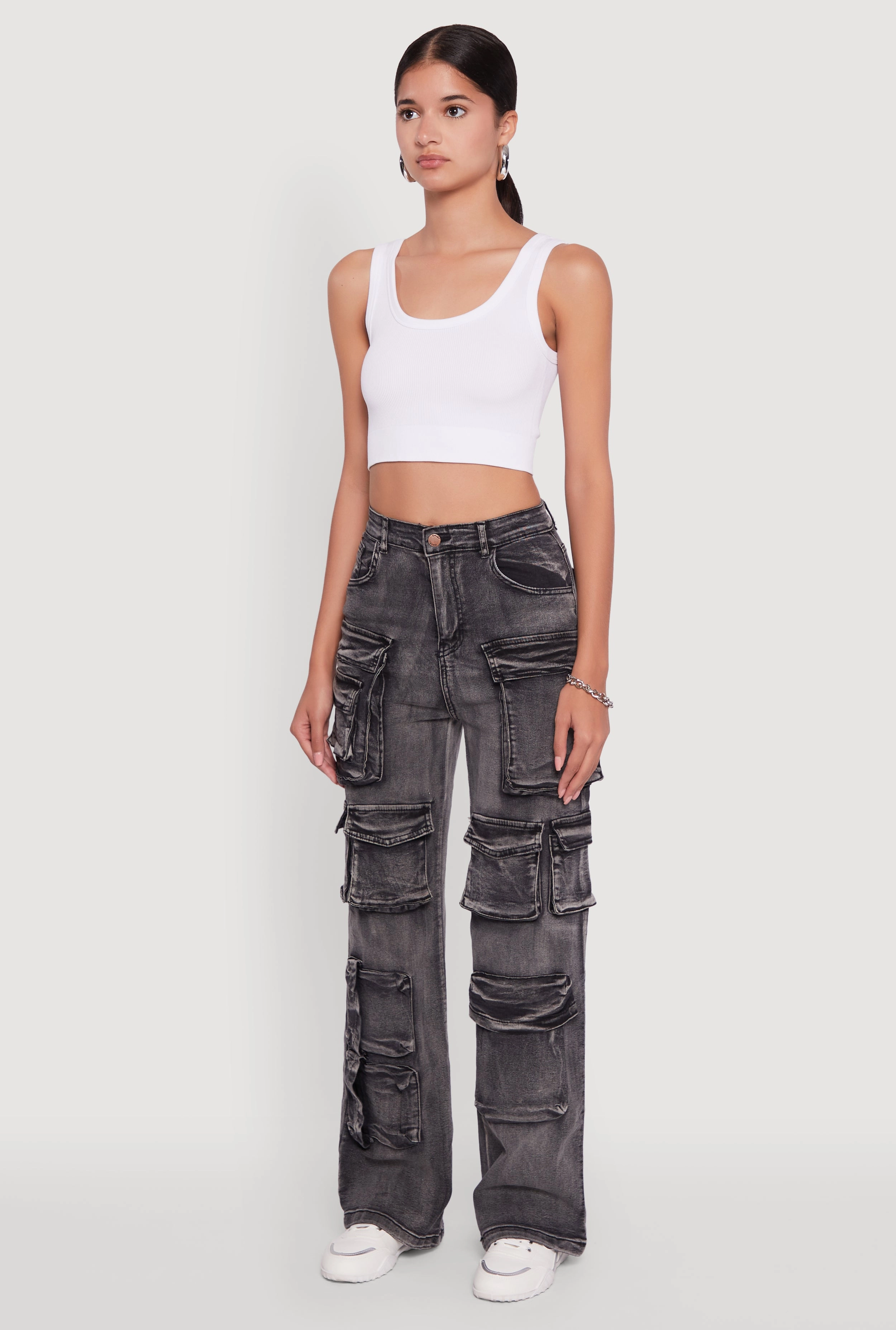 Mineral Wash High Waisted Straight Leg Utility Jeans Party Look Earthy Classic Wear Morning Stroll