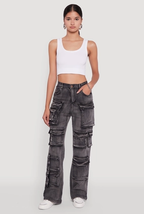 Mineral Wash High Waisted Straight Leg Utility Jeans All Day Comfort
