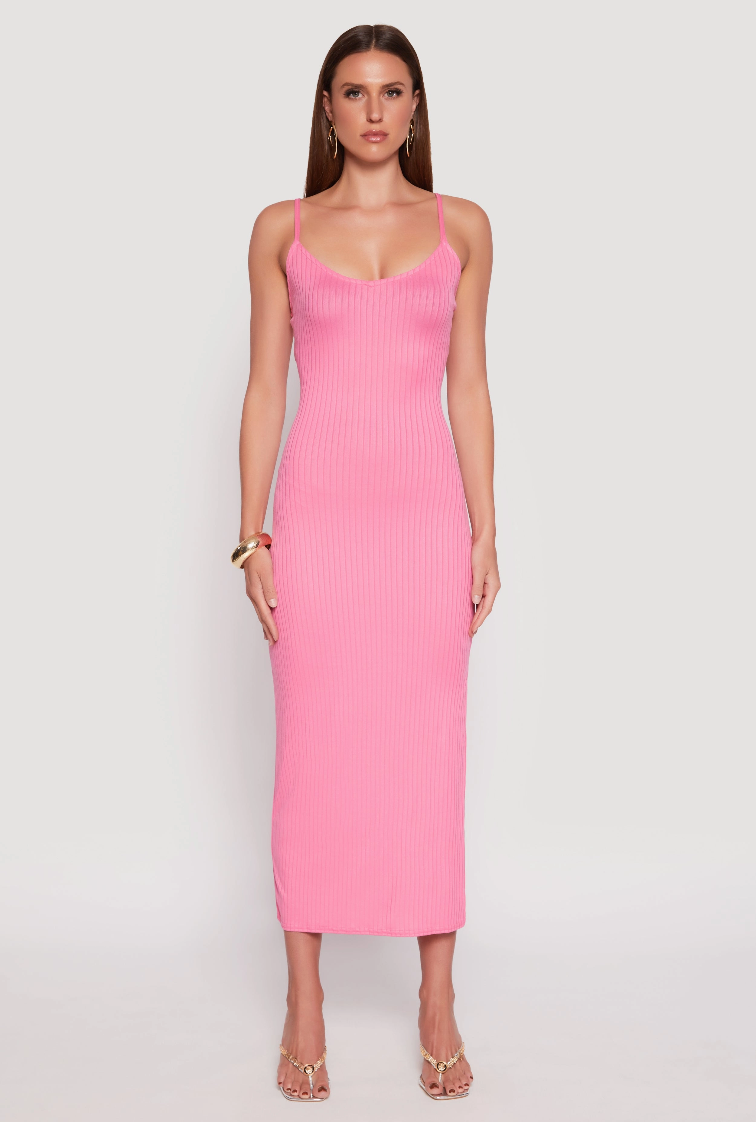 Ribbed Knit Side Slit Maxi Dress Flattering Cut Wear Garden Scene