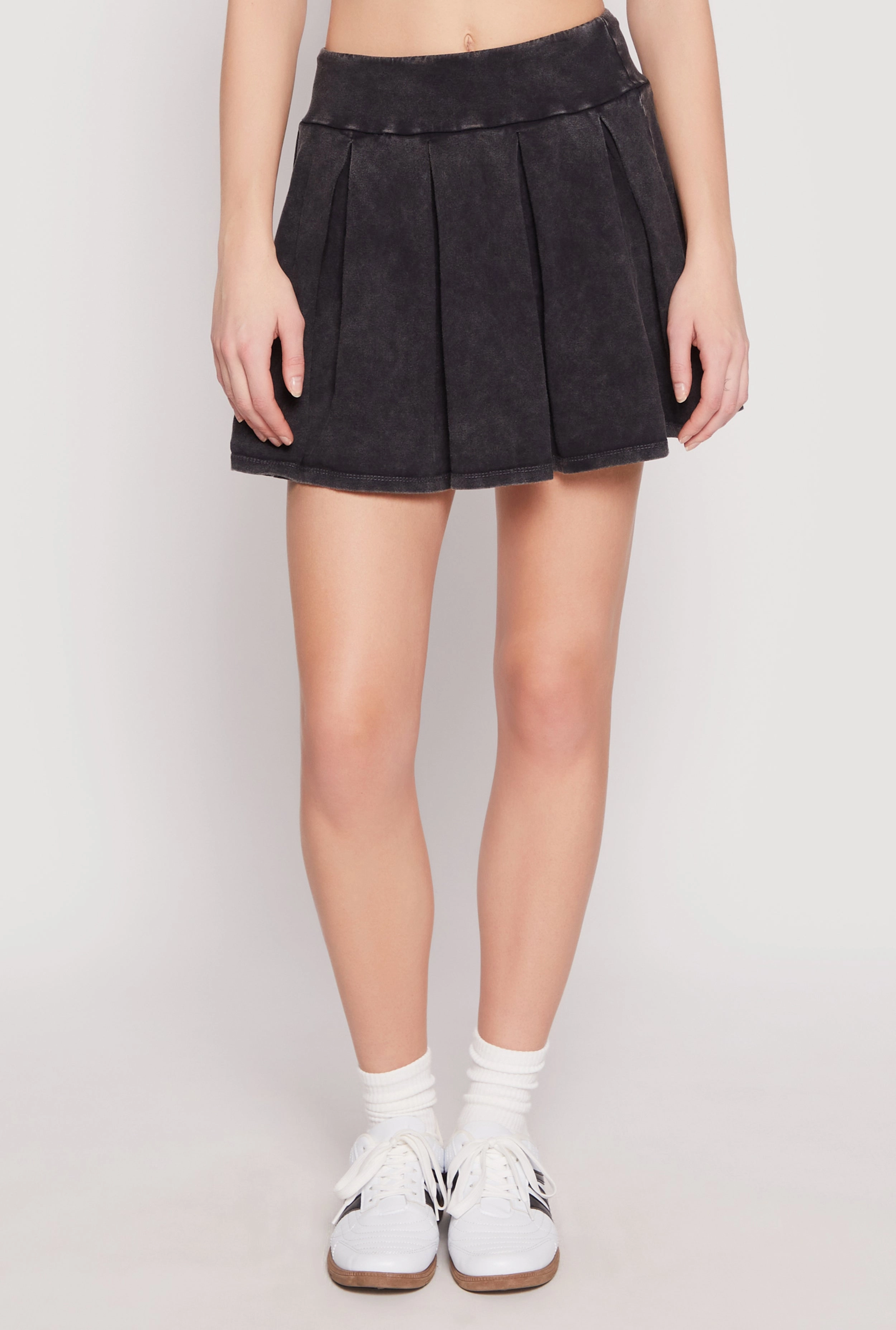 Mineral Wash Pleated Mini Skirt Adjustable Ties