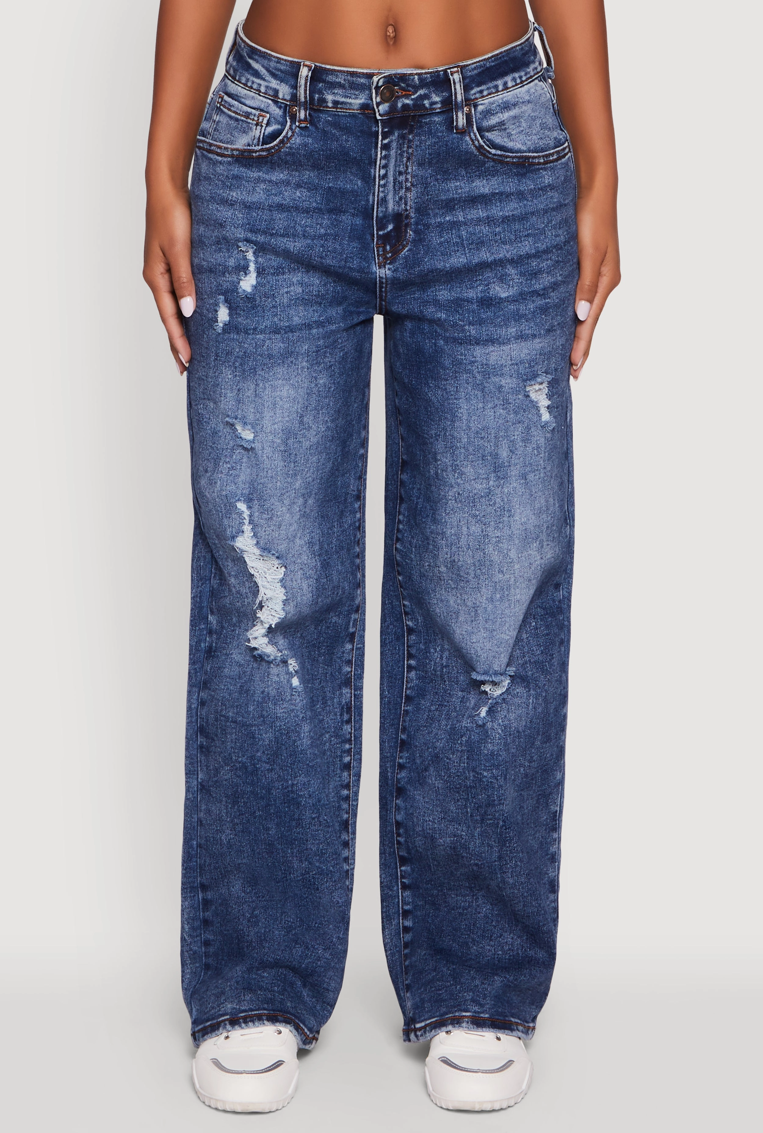 Slim Modern Morning Stroll Music Event Office Wear Mineral Wash Whiskered Distressed Straight Leg Jeans