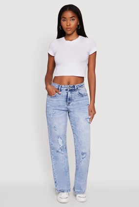 Fashion friendly Fits Everyone Mineral Wash Whiskered Distressed Straight Leg Jeans