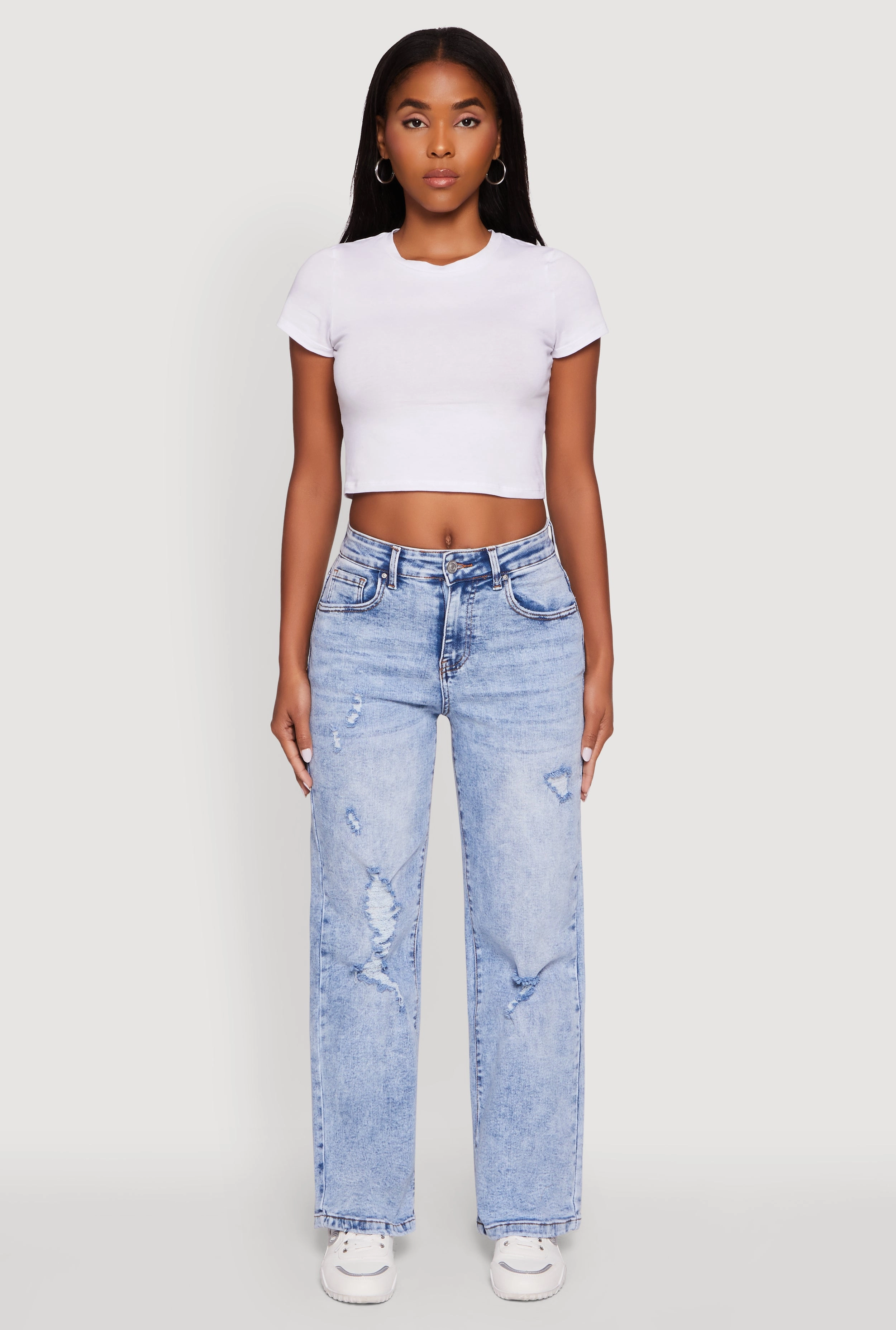 Mineral Wash Whiskered Distressed Straight Leg Jeans Water Efficient Wash Process