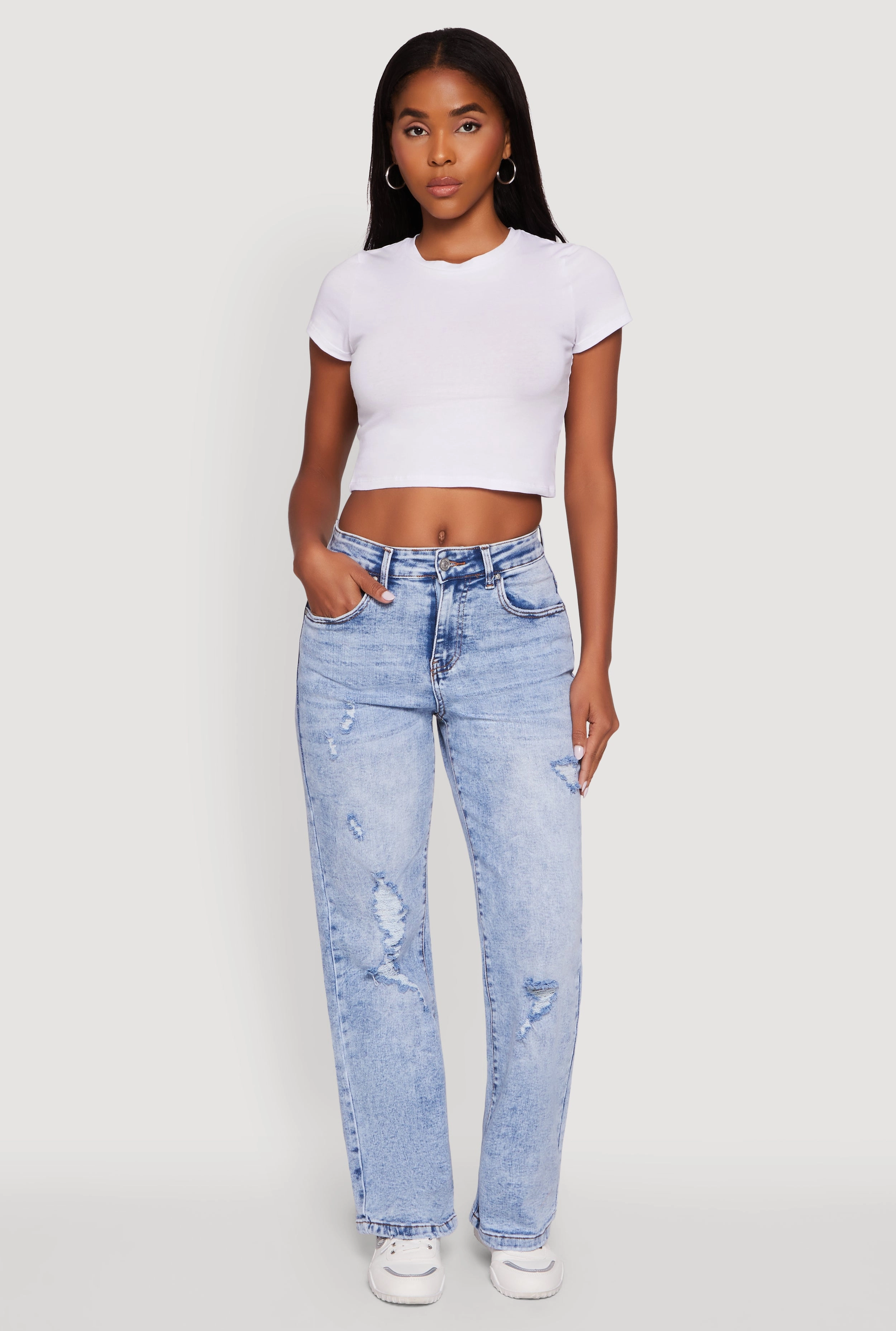 Fashion friendly Fits Everyone Mineral Wash Whiskered Distressed Straight Leg Jeans