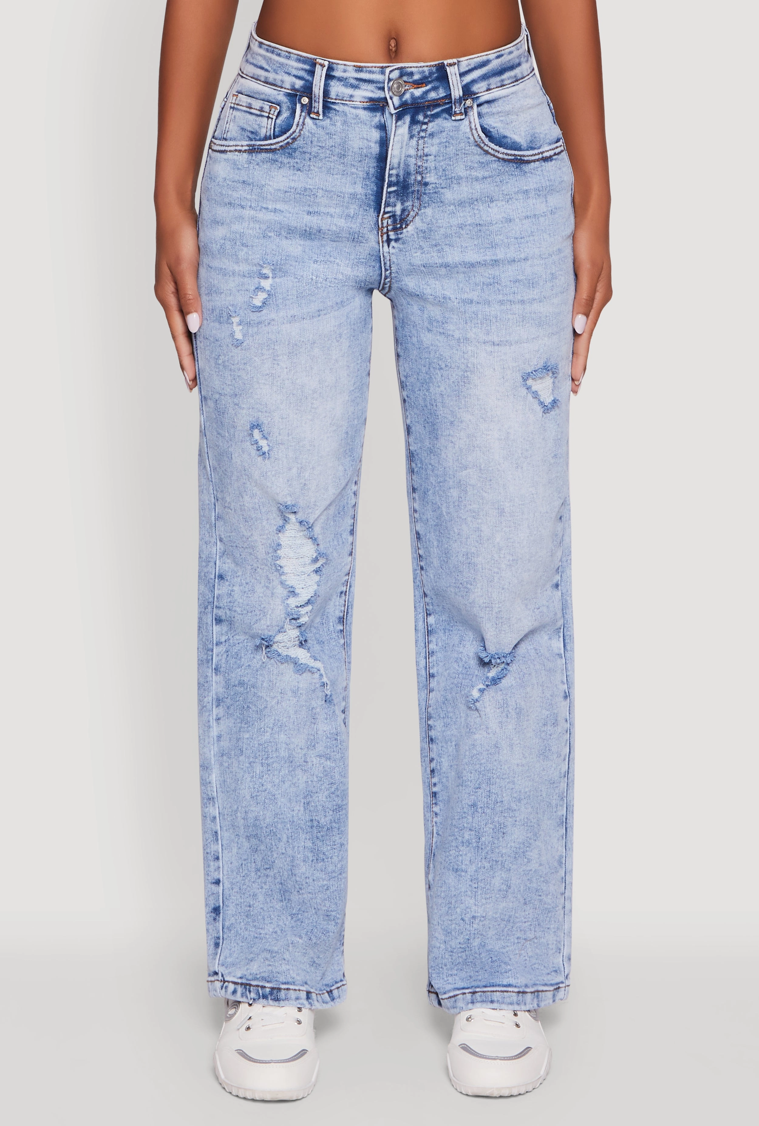 Flexible Waistband Mineral Wash Whiskered Distressed Straight Leg Jeans