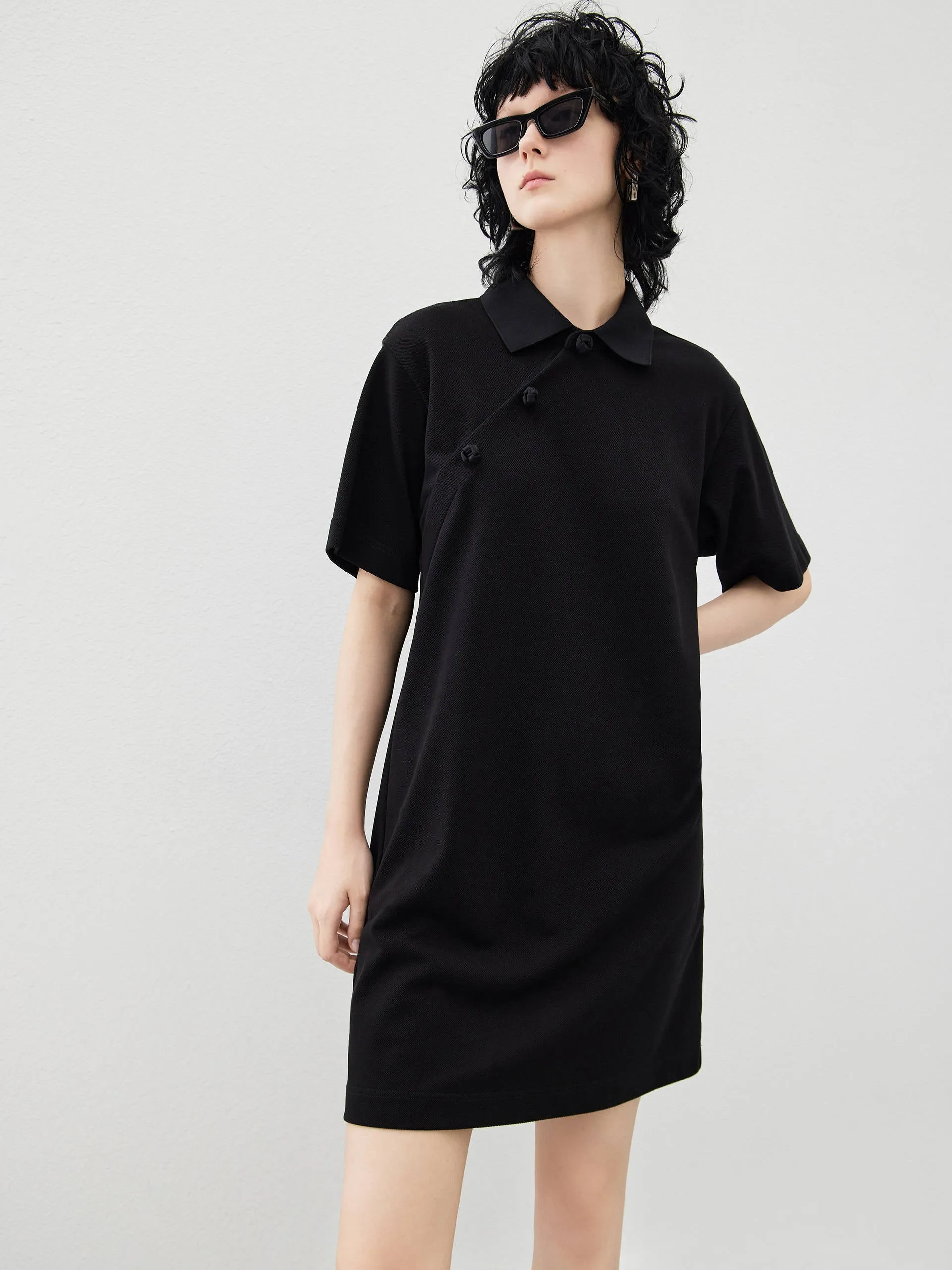 Sleek Volume Feminine Layers Polo Collar Cotton Dress