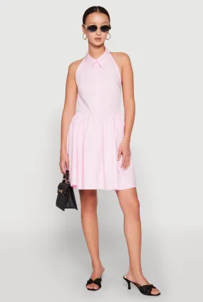 Halter Button Front Skater Dress Silky Finish