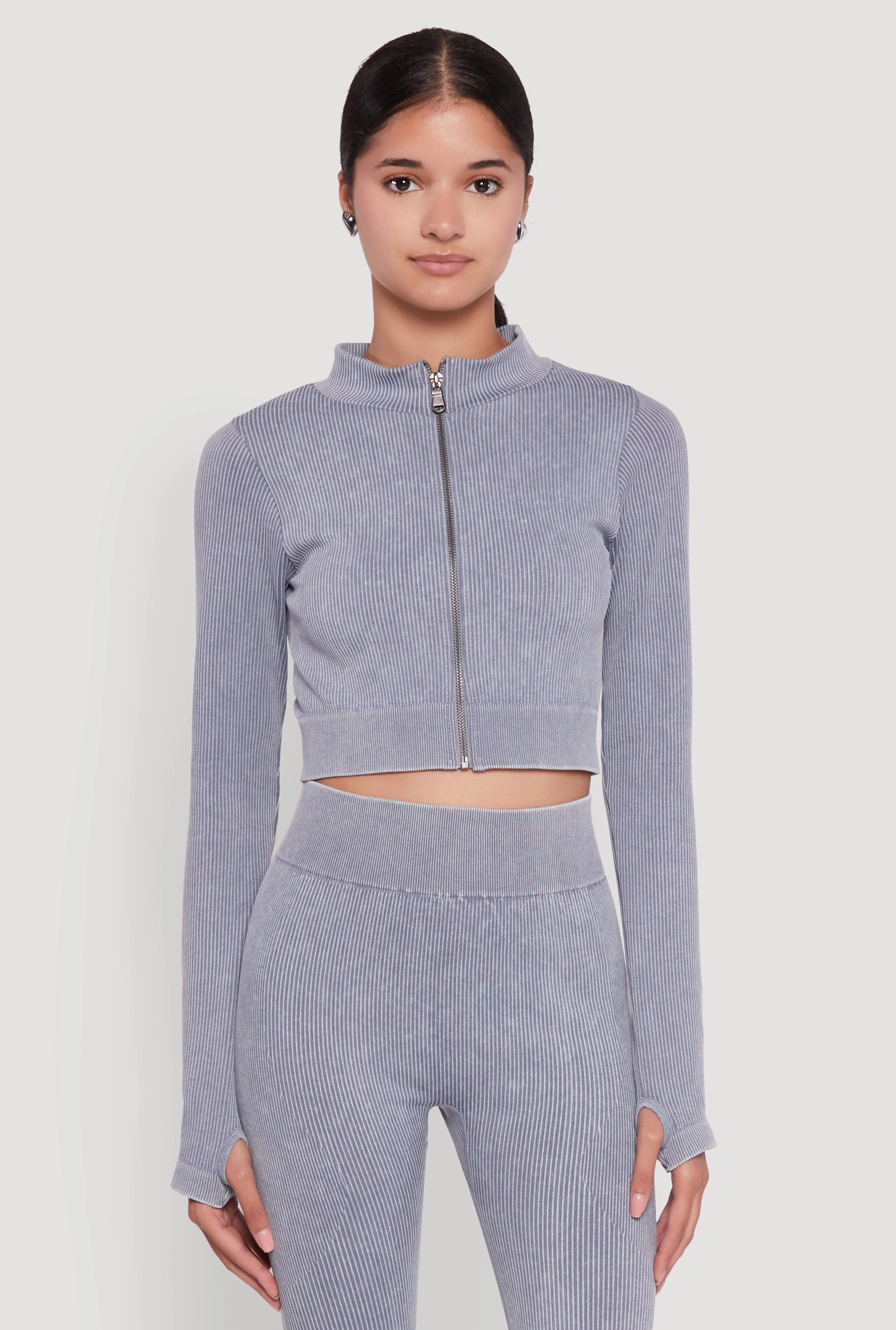 Sleek Casual Seamless Ribbed Zip Front Cropped Track Jacket