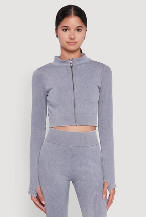 Sleek Casual Seamless Ribbed Zip Front Cropped Track Jacket