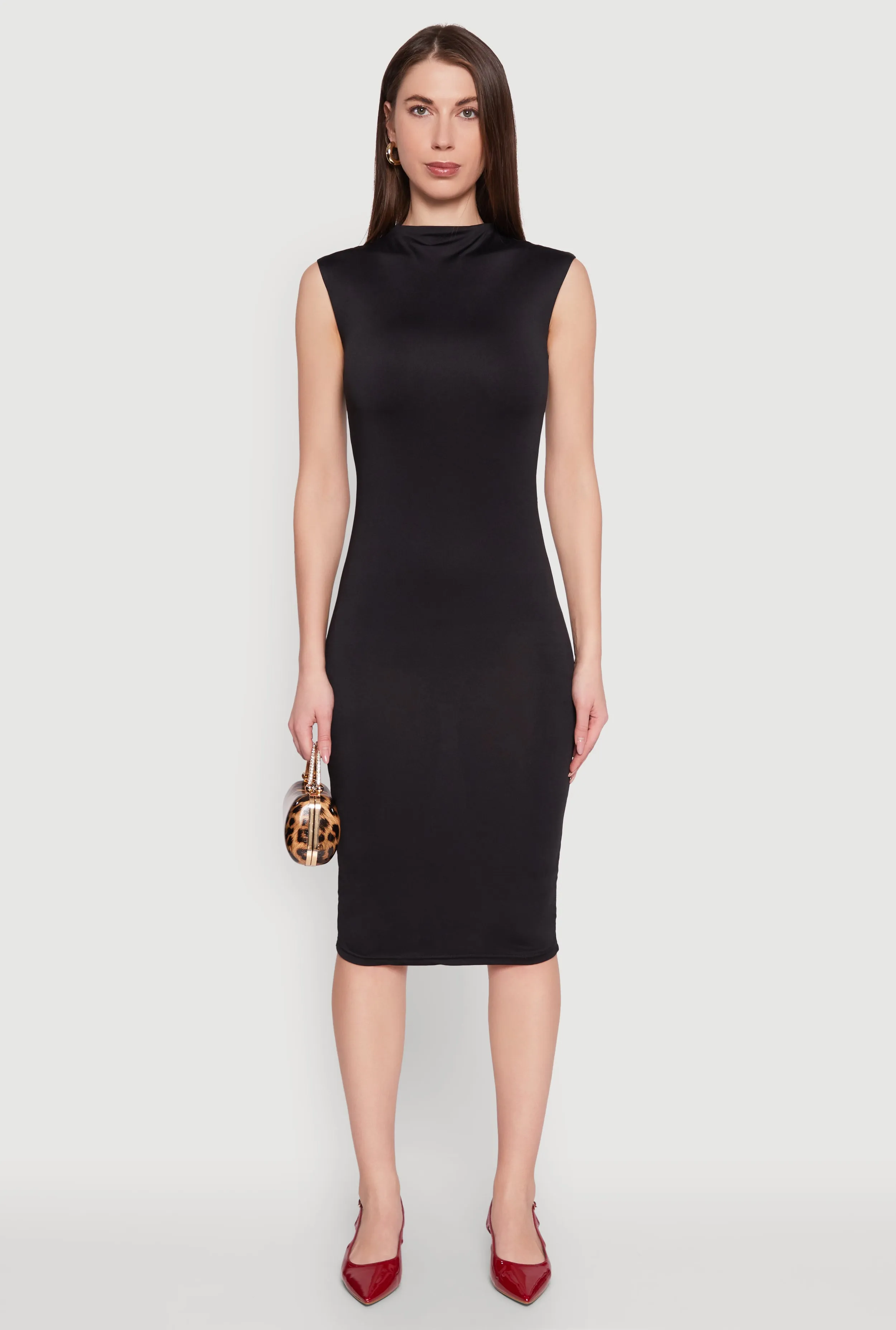 Gathered-Detail Relax Feel Mock Neck Cap Sleeve Midi Dress