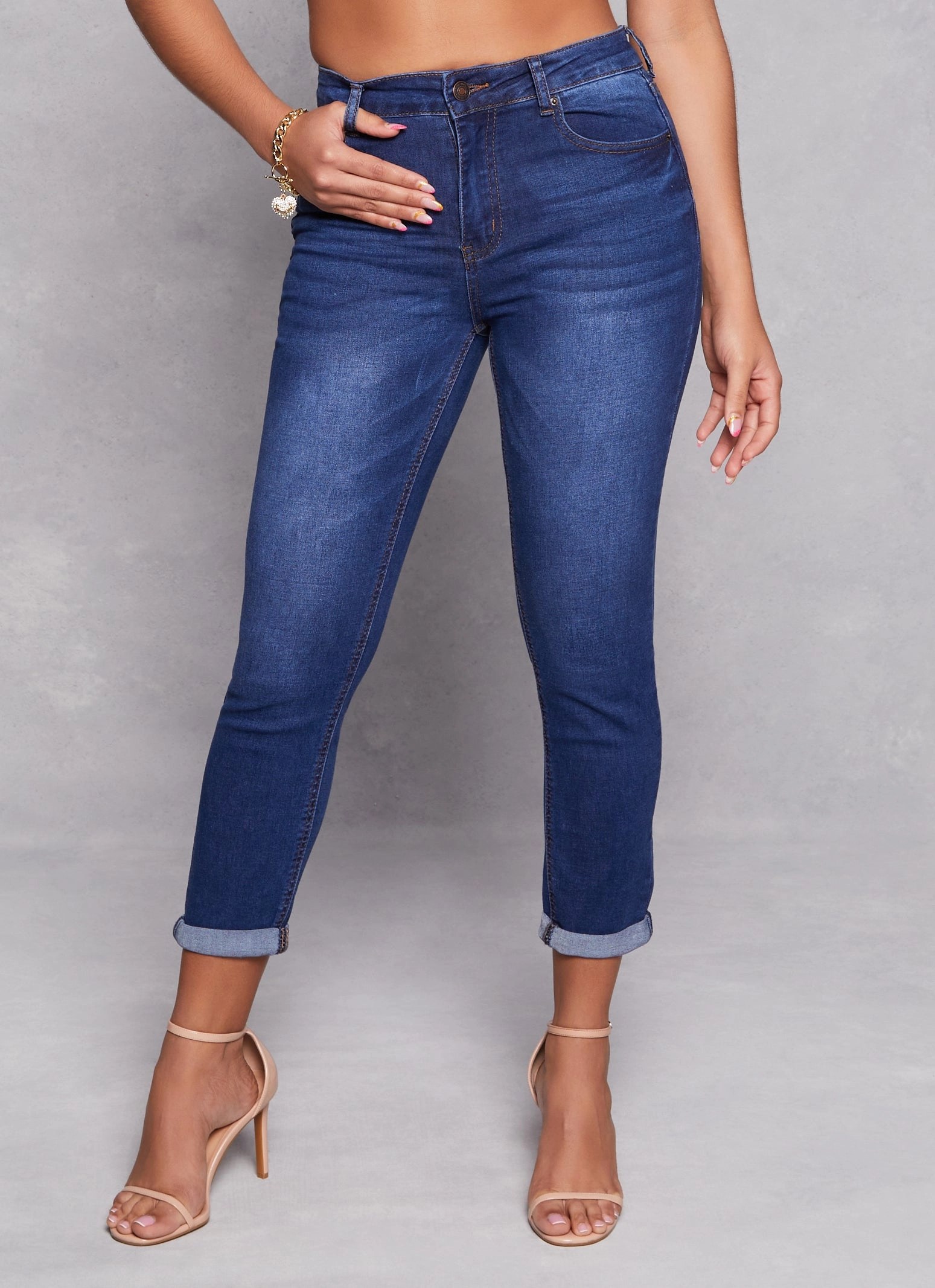 WAX High Waist Rolled Cuff Denim Jeans Light Layers