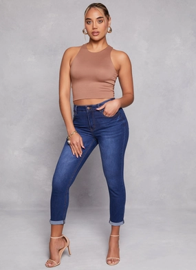 WAX High Waist Rolled Cuff Denim Jeans Loose Smooth Shopping Day