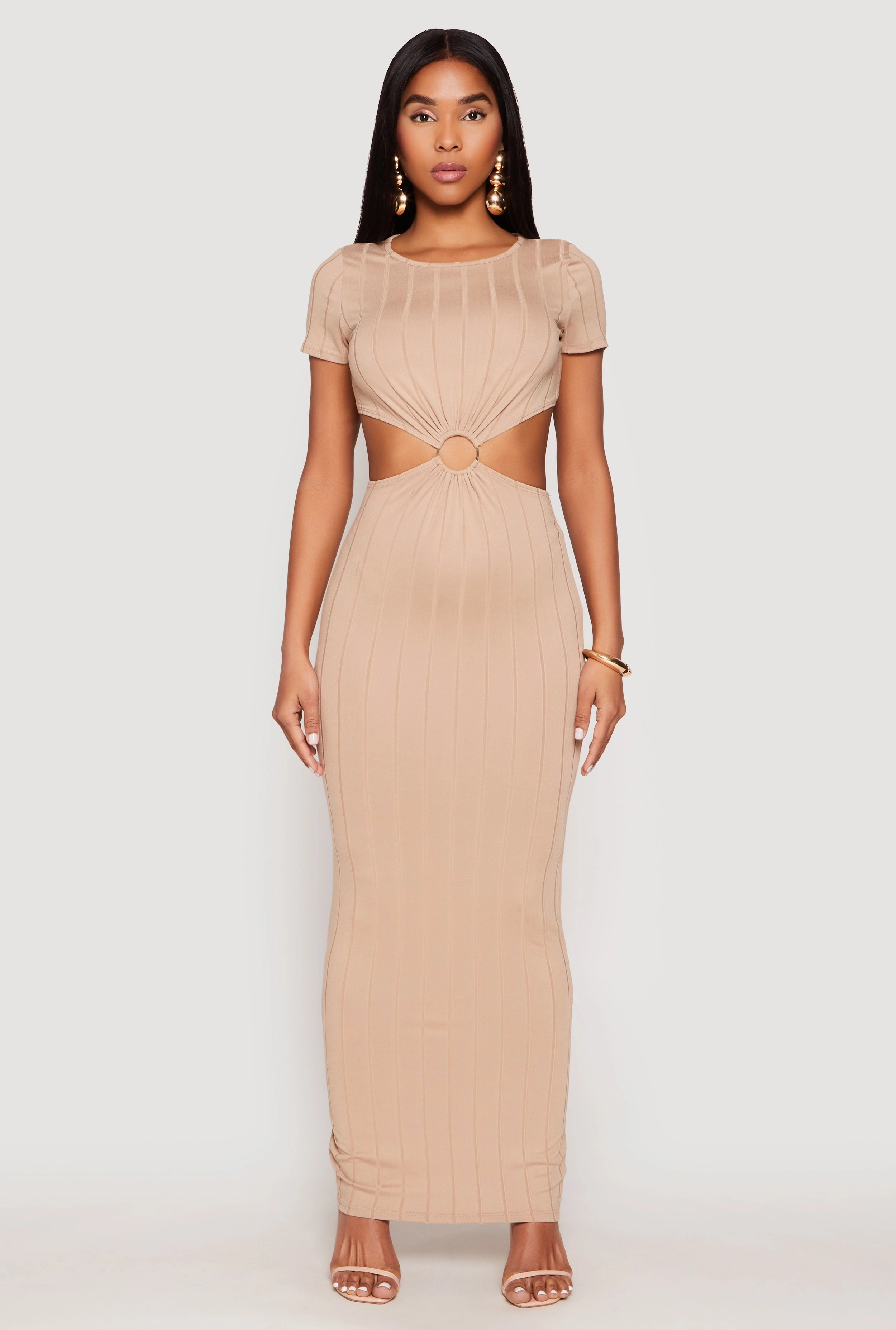 Casual Core Comfy and Chic Ribbed Knit O Ring Cut Out Maxi Dress
