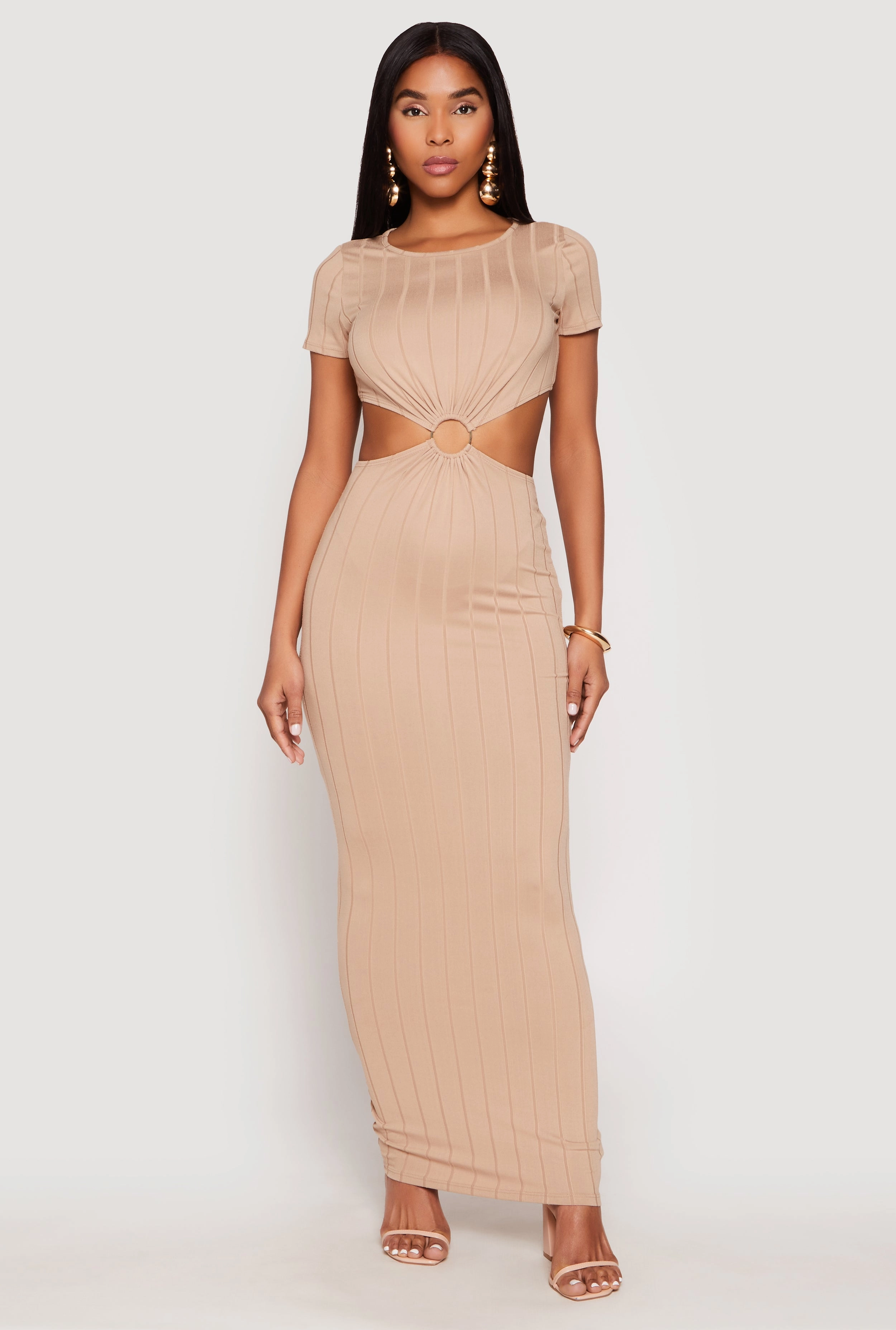 Elegant formal outfit Ribbed Knit O Ring Cut Out Maxi Dress