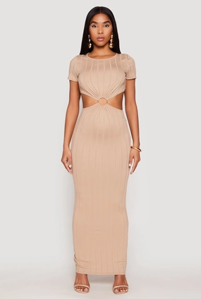 Casual Core Comfy and Chic Ribbed Knit O Ring Cut Out Maxi Dress